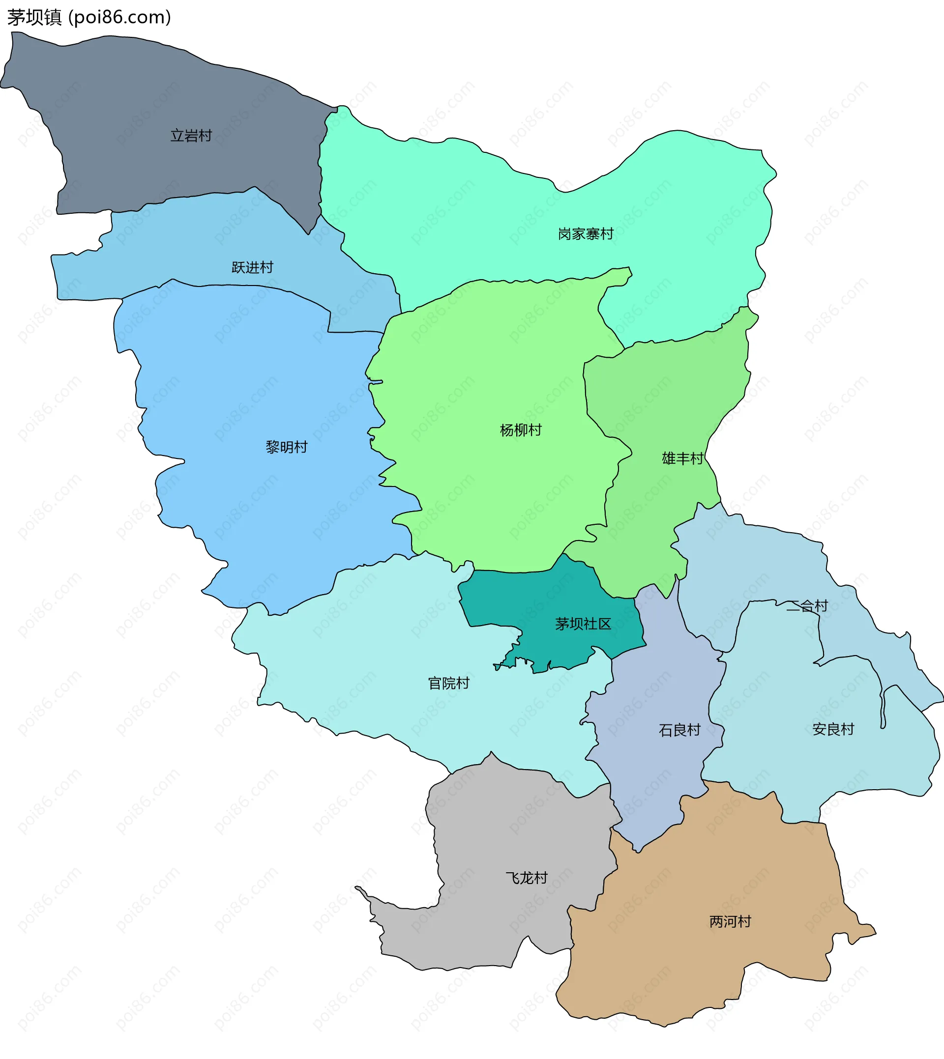 茅坝镇边界地图(五级行政区划)