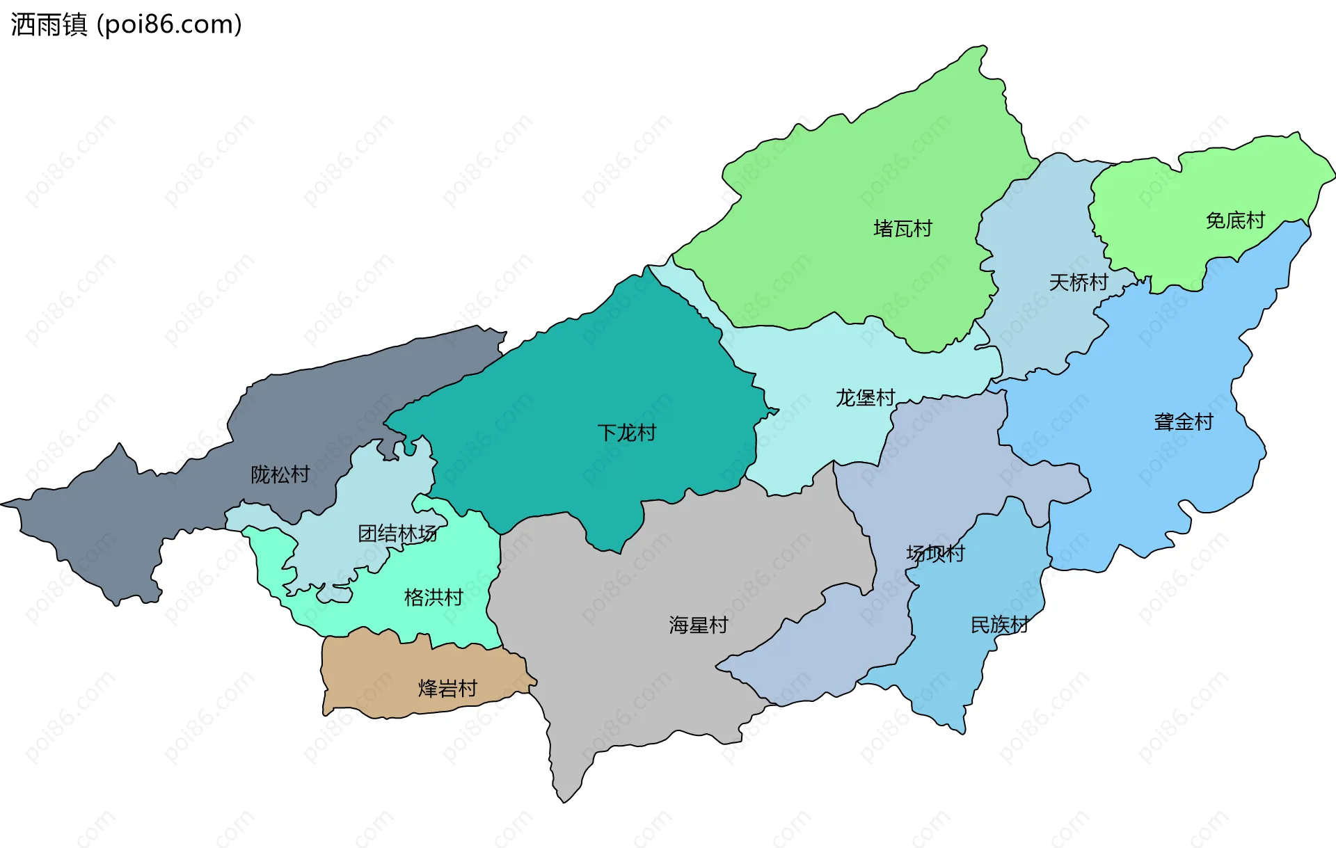 洒雨镇边界地图(五级行政区划)