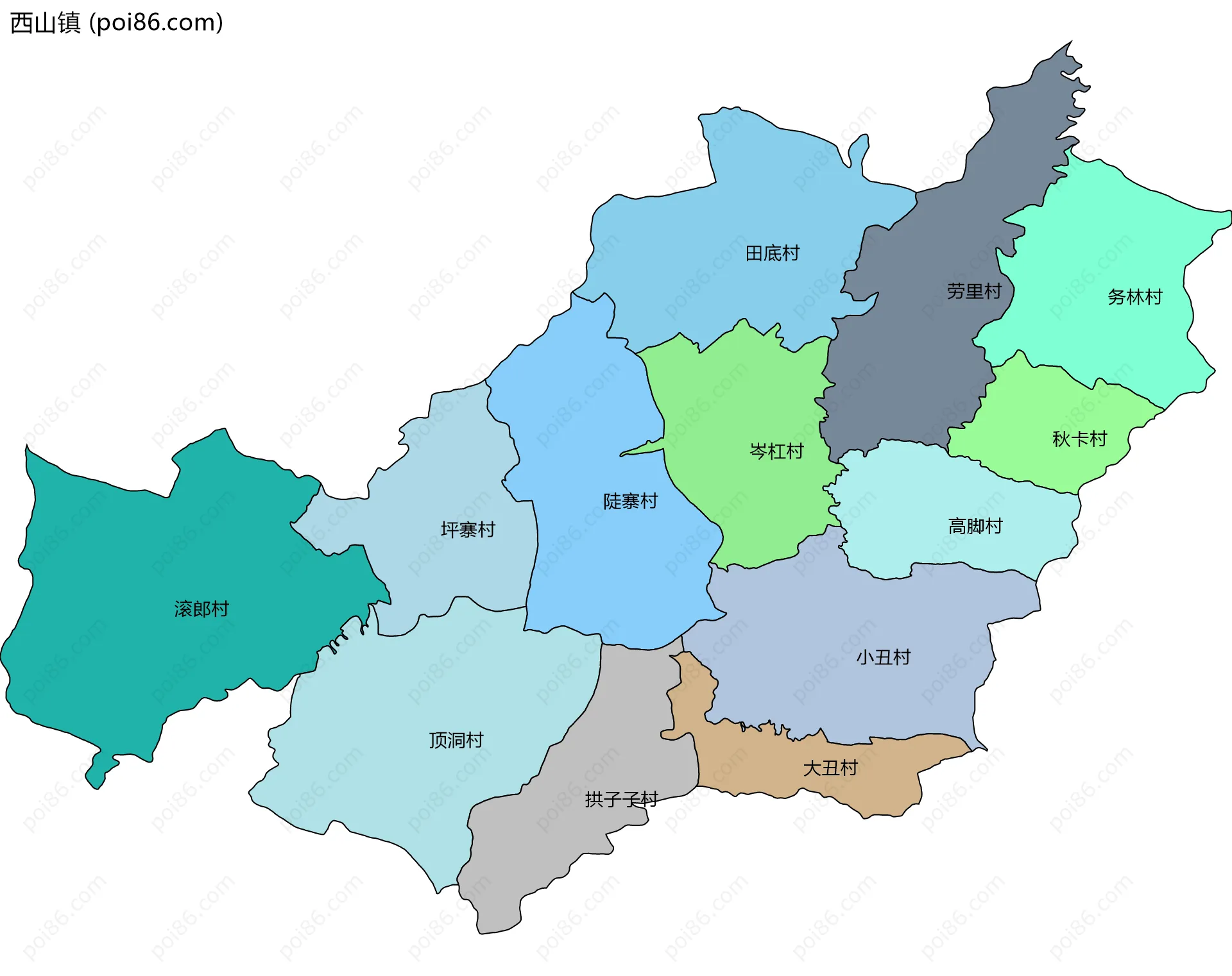 西山镇边界地图(五级行政区划)