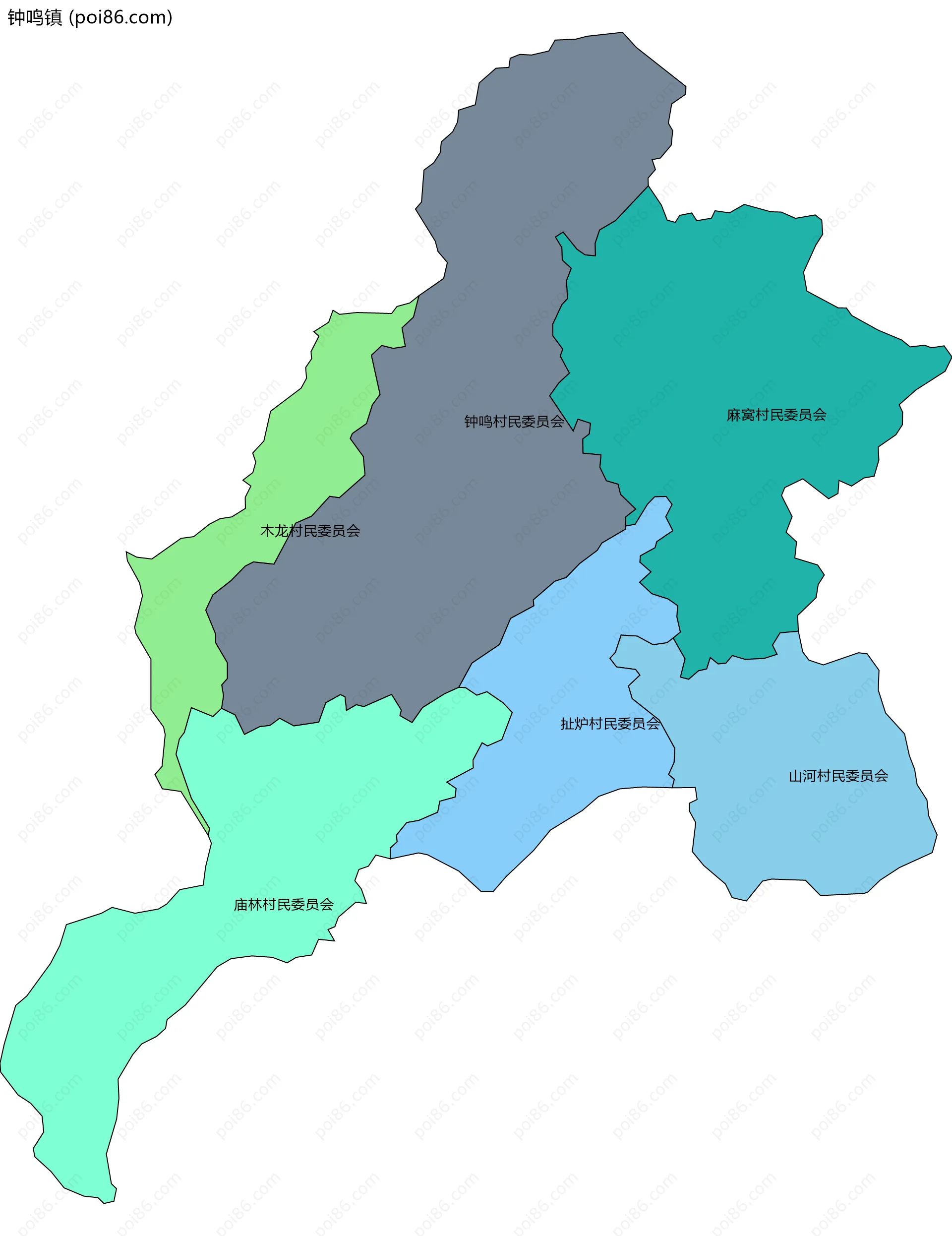 钟鸣镇边界地图(五级行政区划)