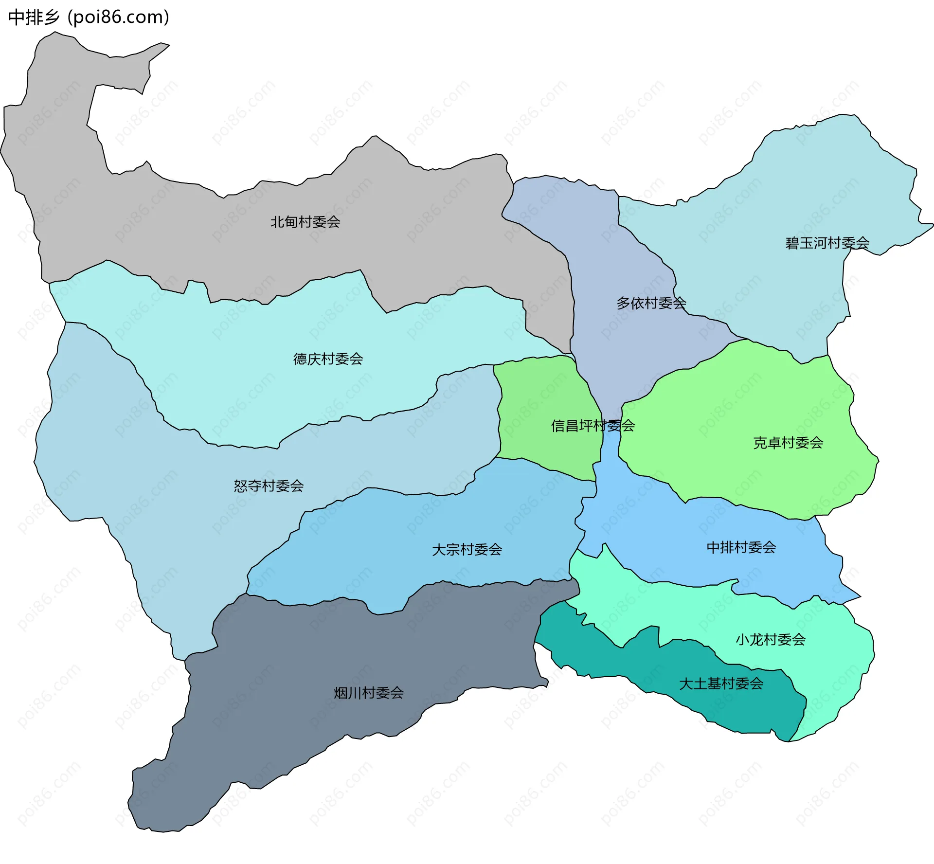 中排乡边界地图(五级行政区划)