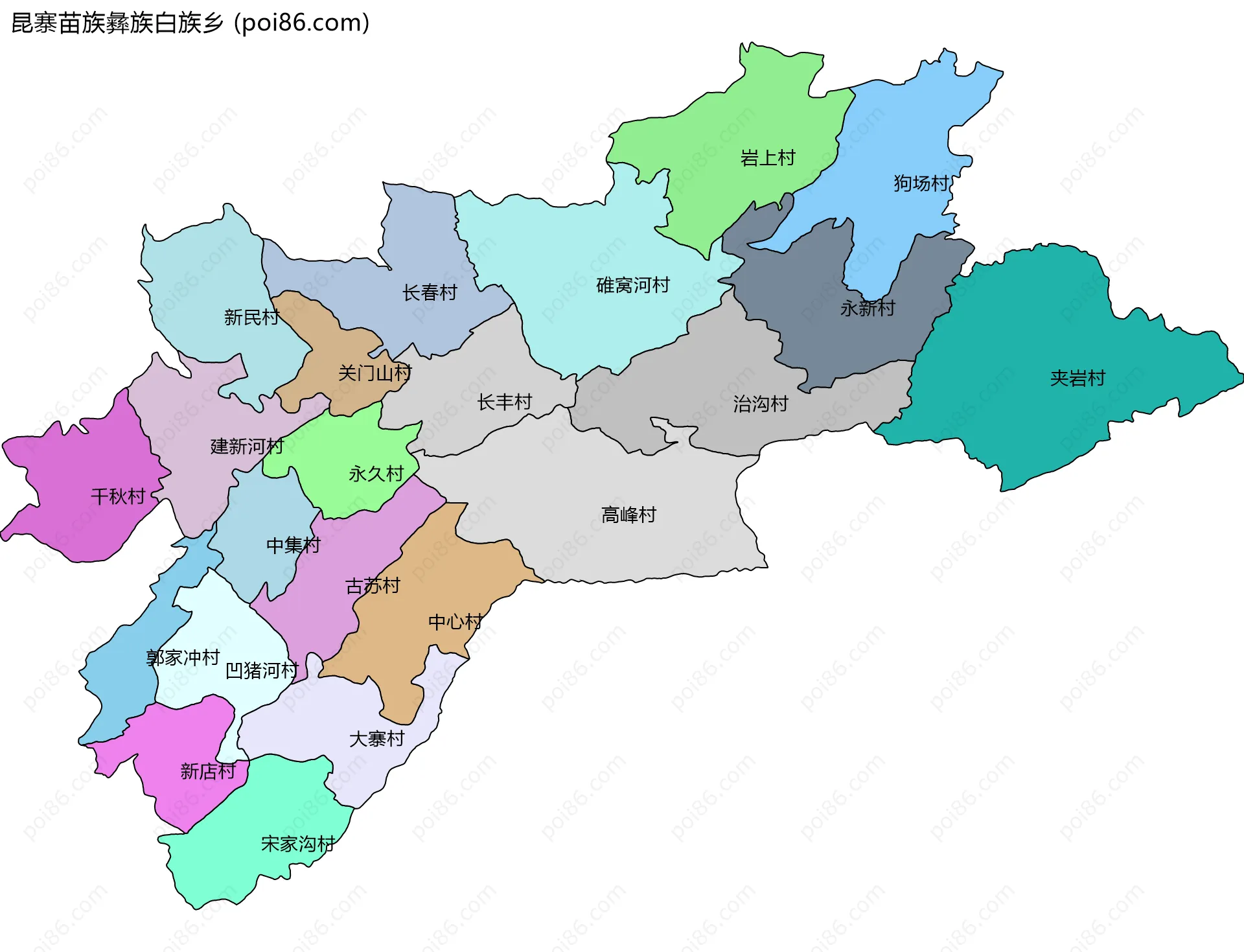 昆寨苗族彝族白族乡边界地图(五级行政区划)