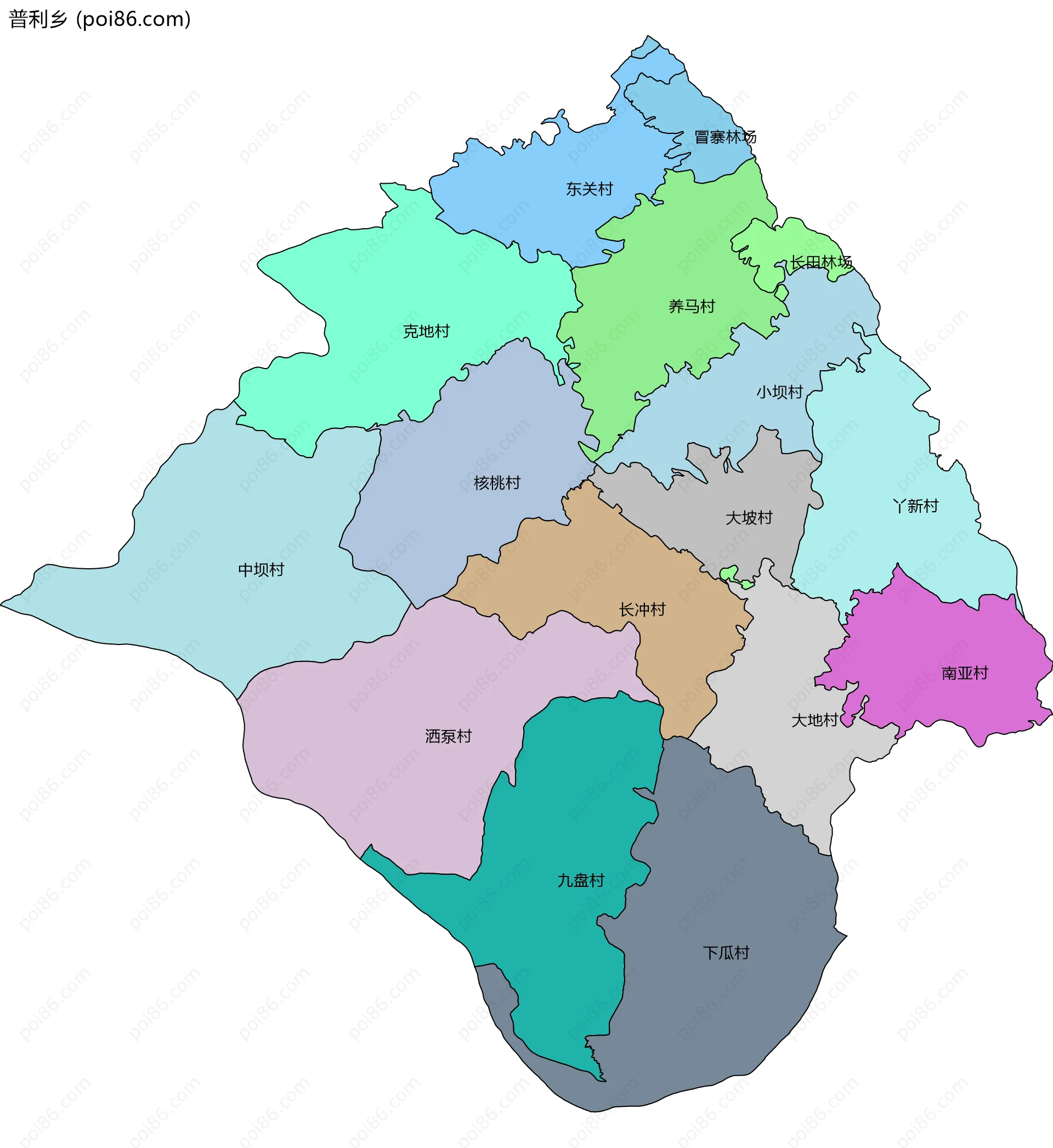 普利乡边界地图(五级行政区划)