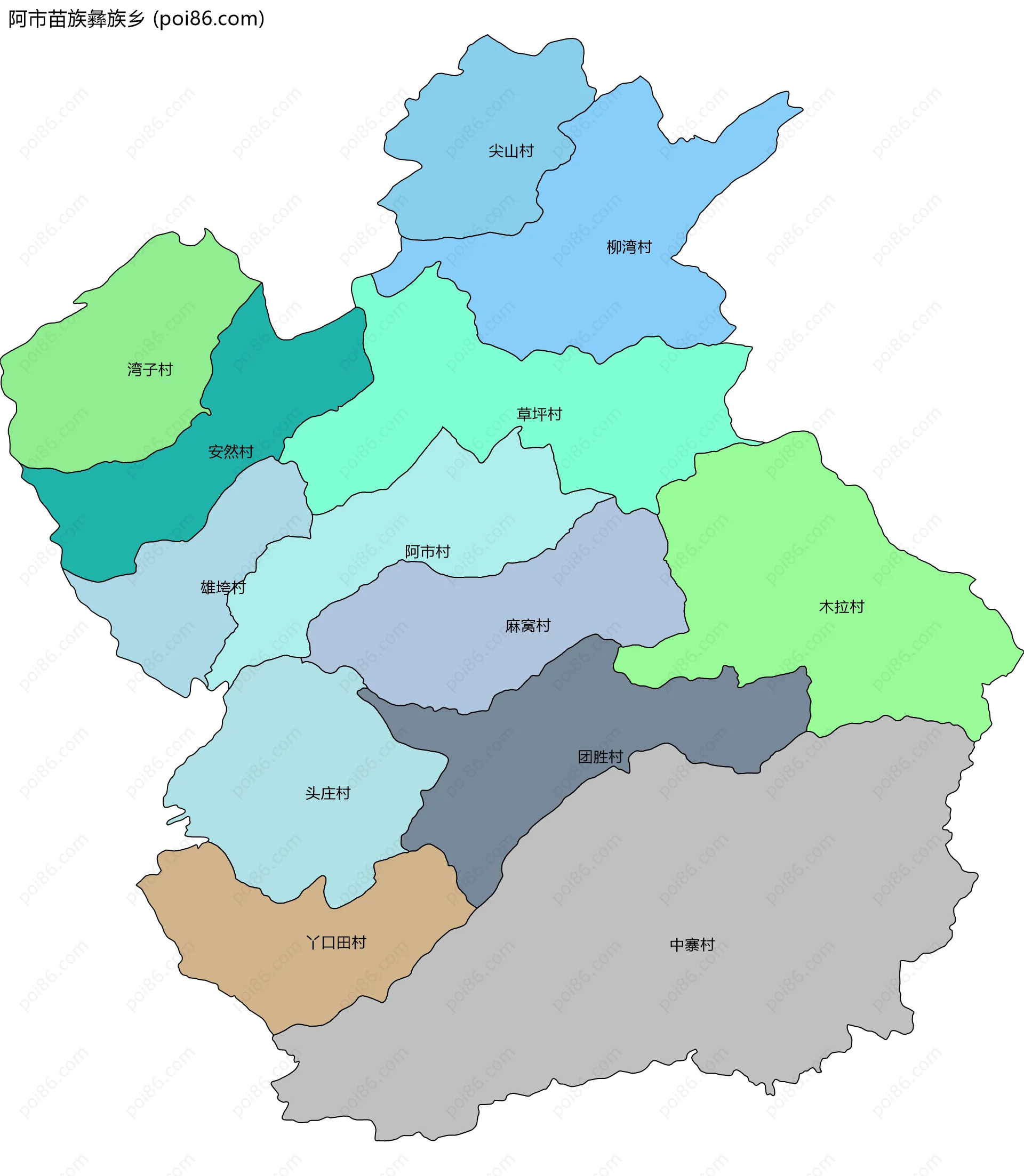 阿市苗族彝族乡边界地图(五级行政区划)