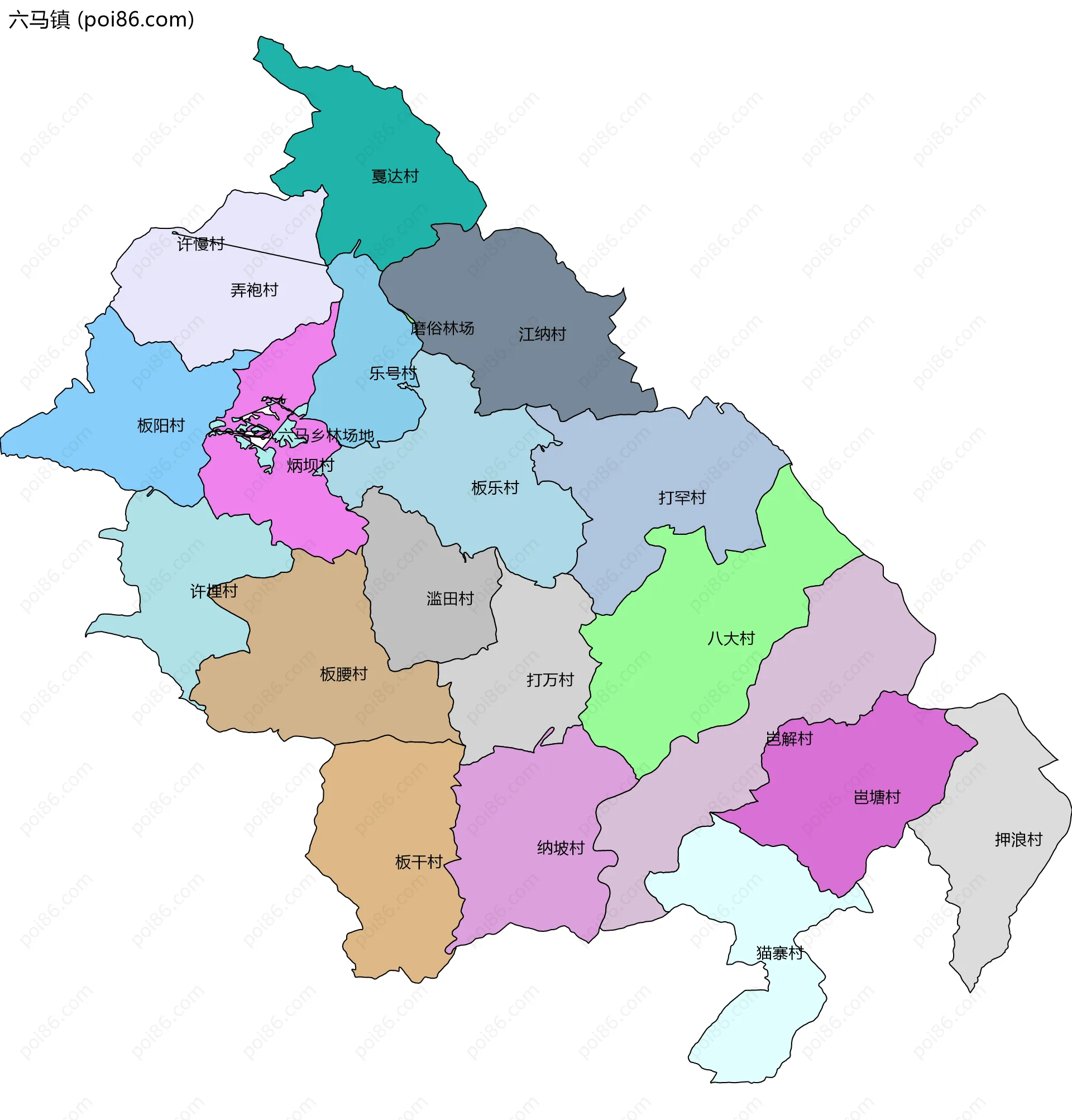 六马镇边界地图(五级行政区划)