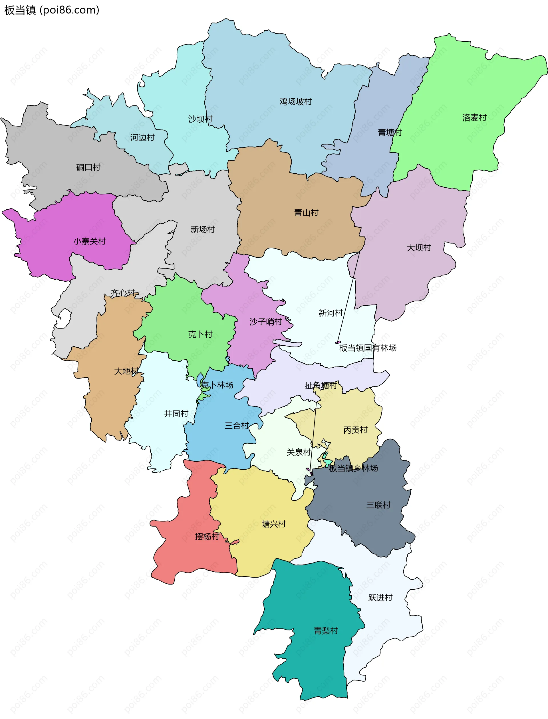 板当镇边界地图(五级行政区划)