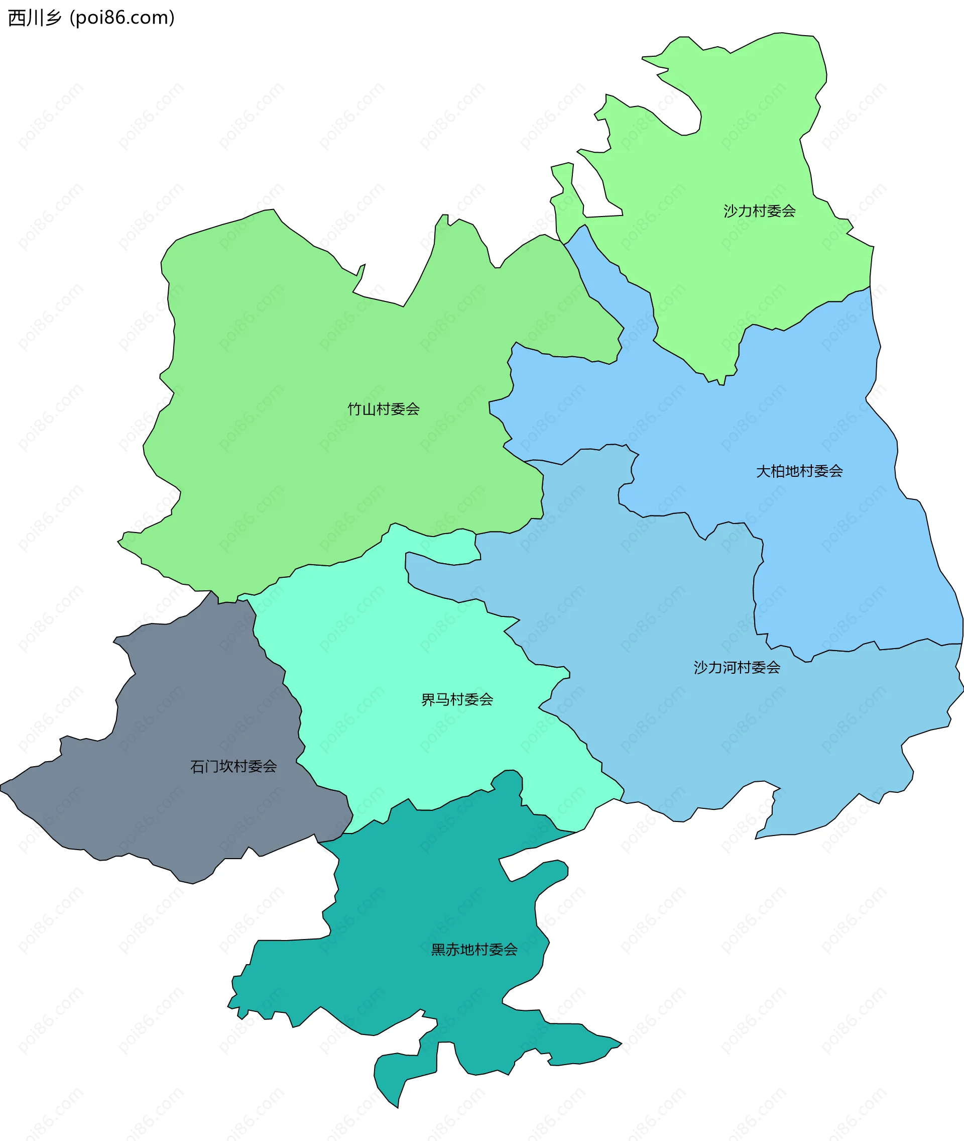 西川乡边界地图(五级行政区划)