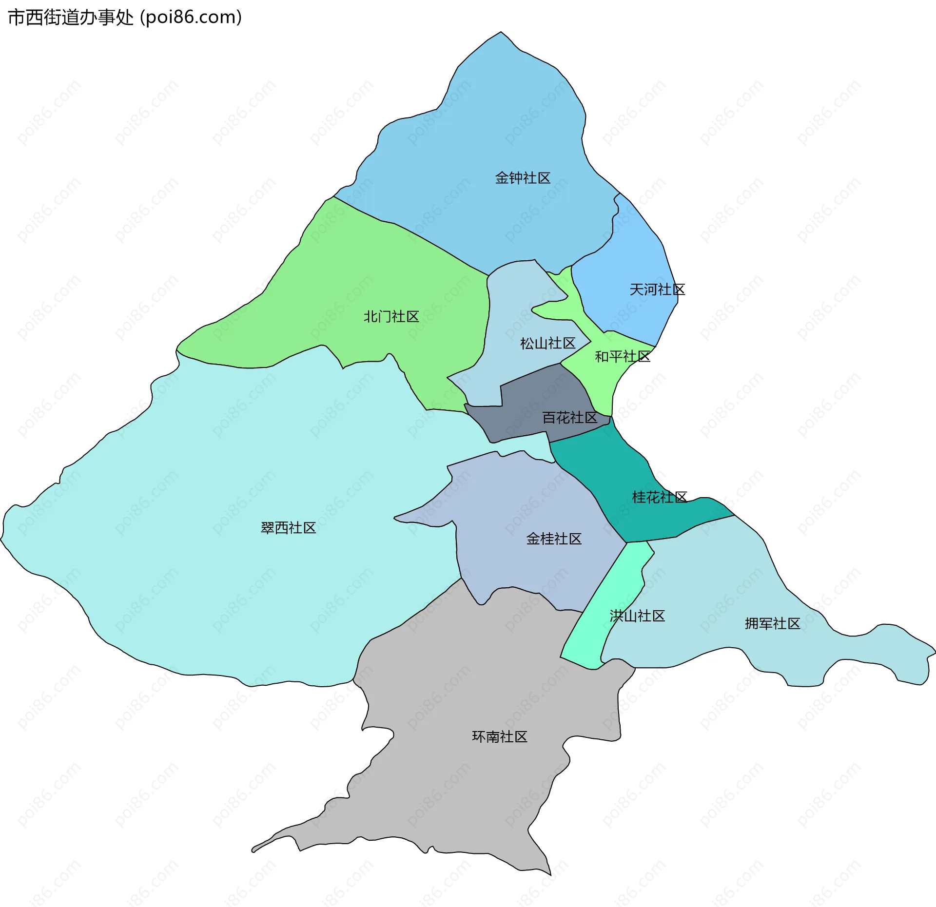 市西街道办事处边界地图(五级行政区划)
