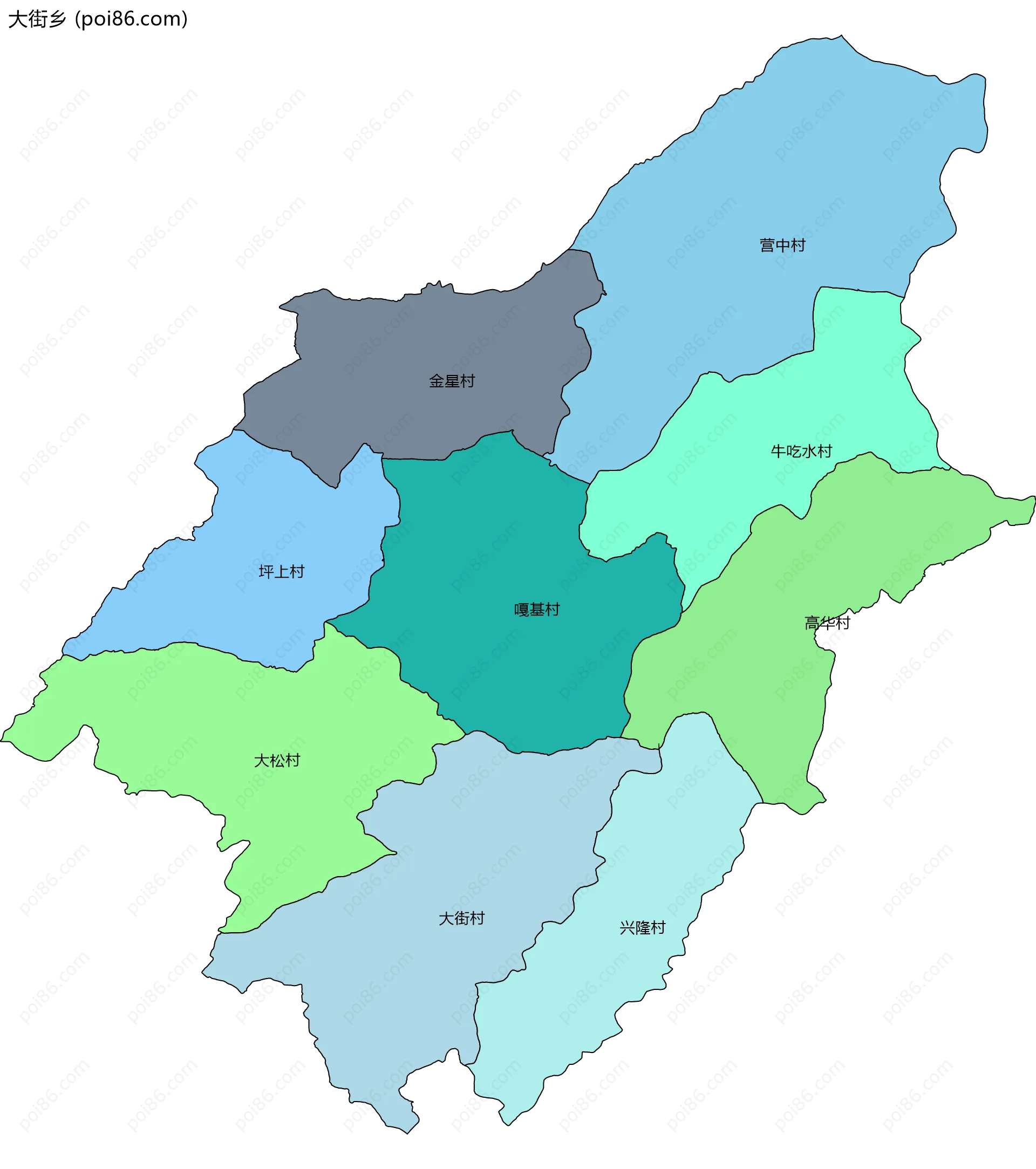 大街乡边界地图(五级行政区划)