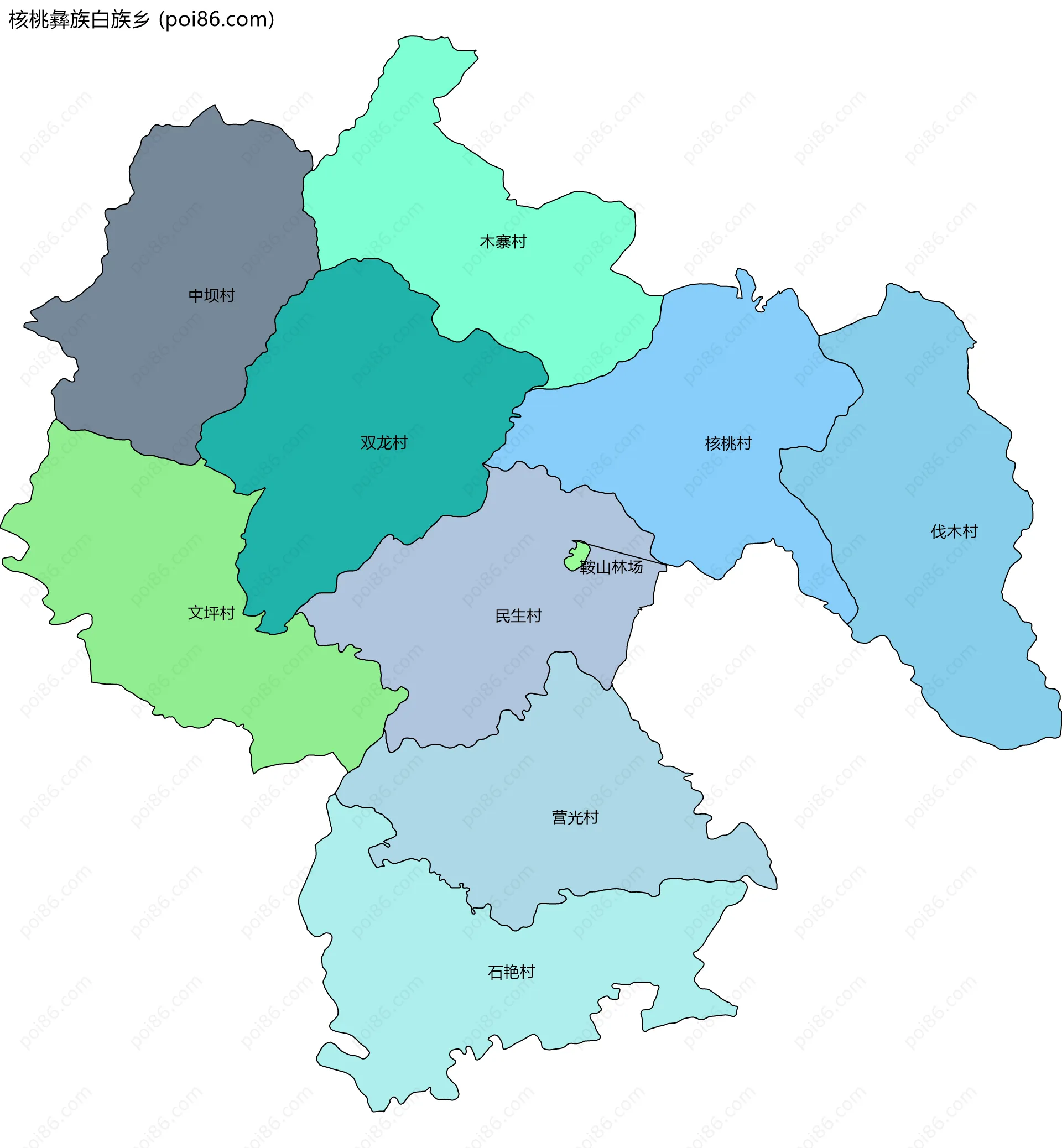 核桃彝族白族乡边界地图(五级行政区划)