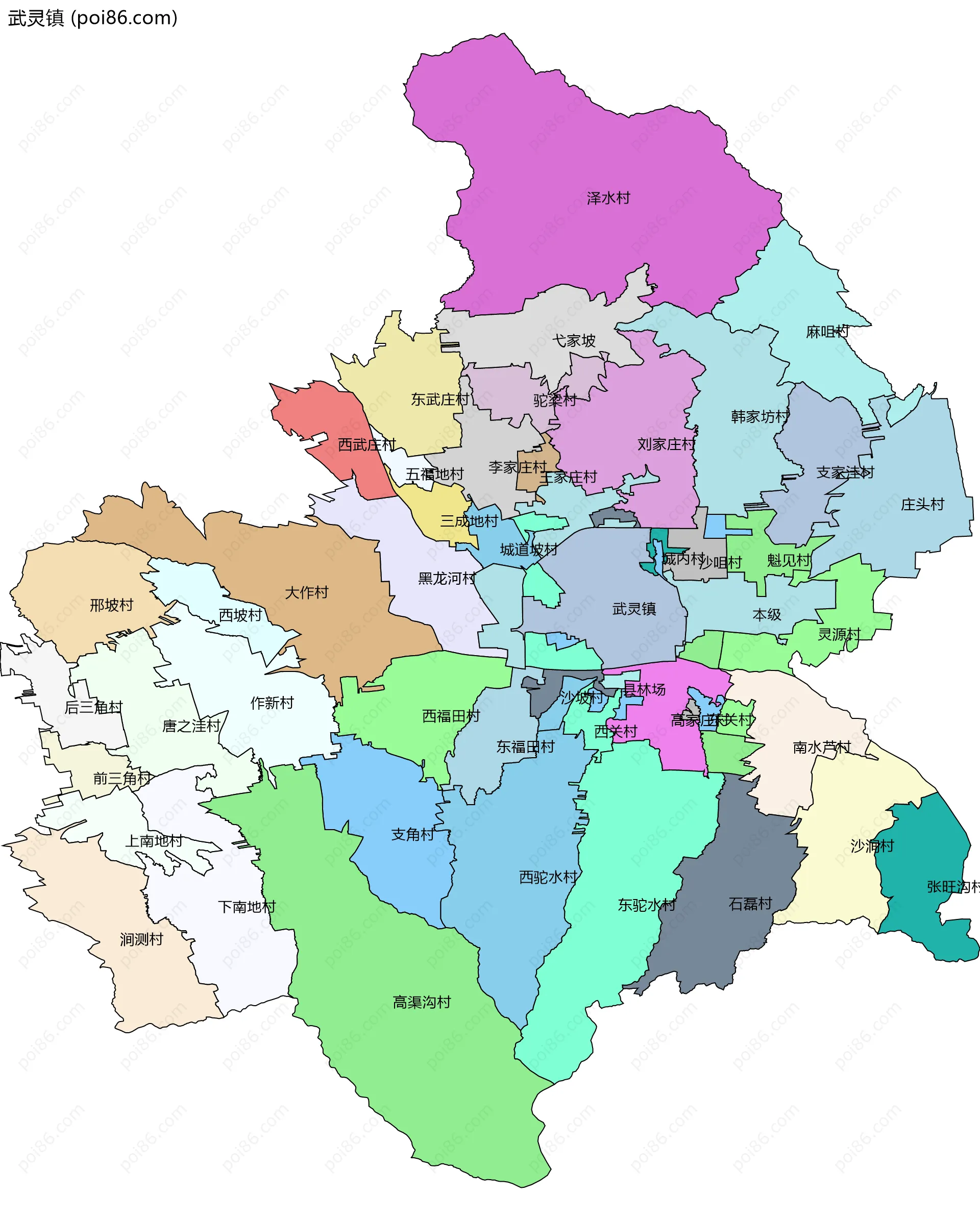 武灵镇边界地图(五级行政区划)