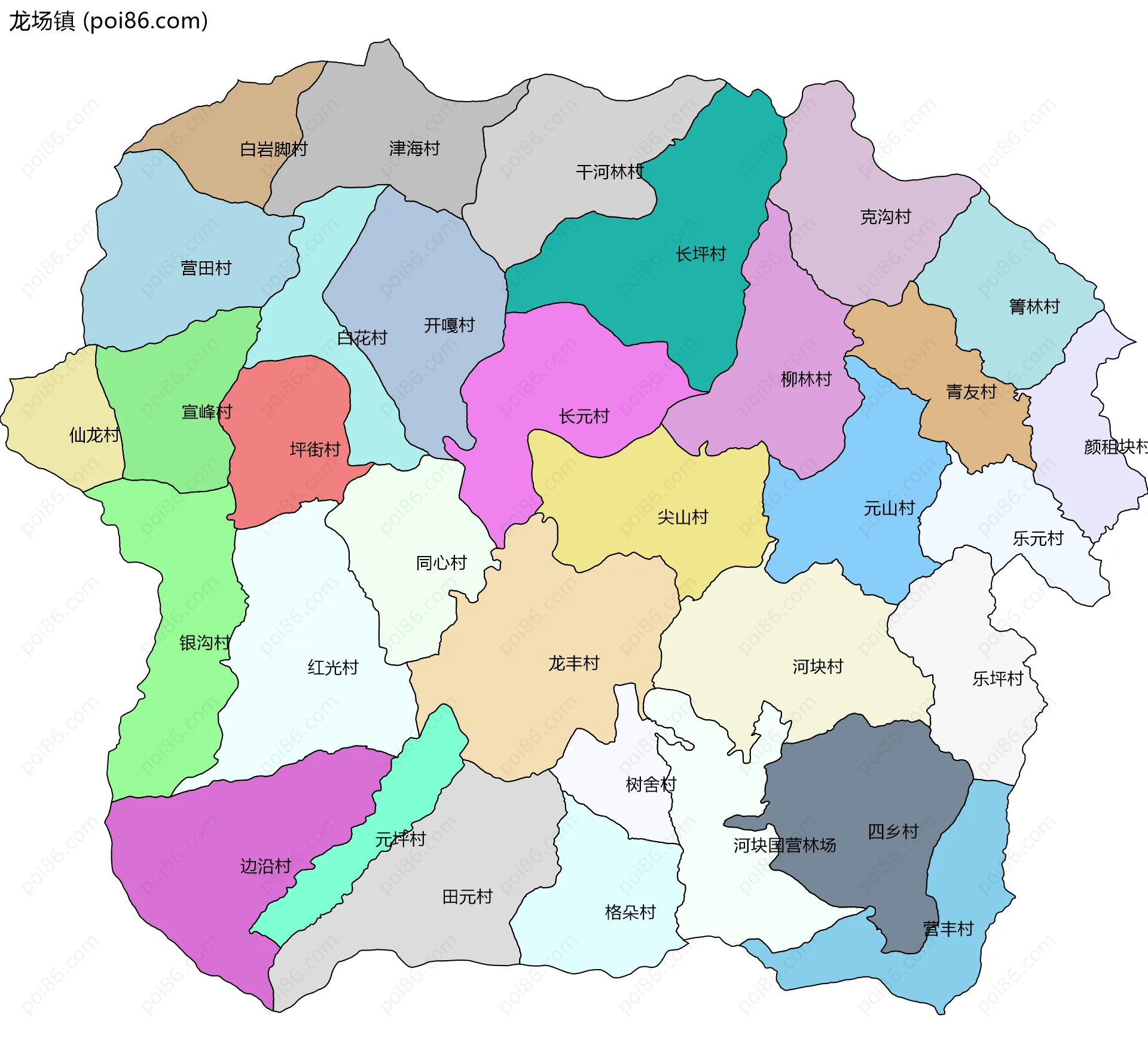 龙场镇边界地图(五级行政区划)