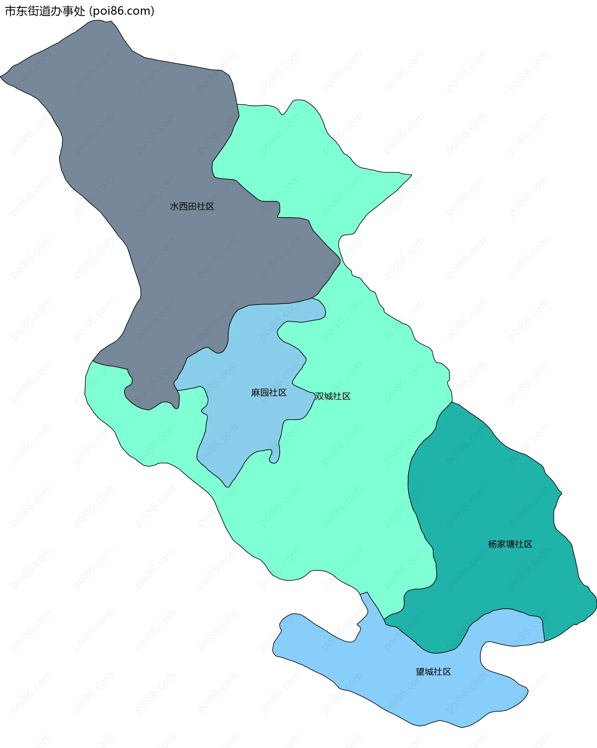 市东街道办事处边界地图(五级行政区划)