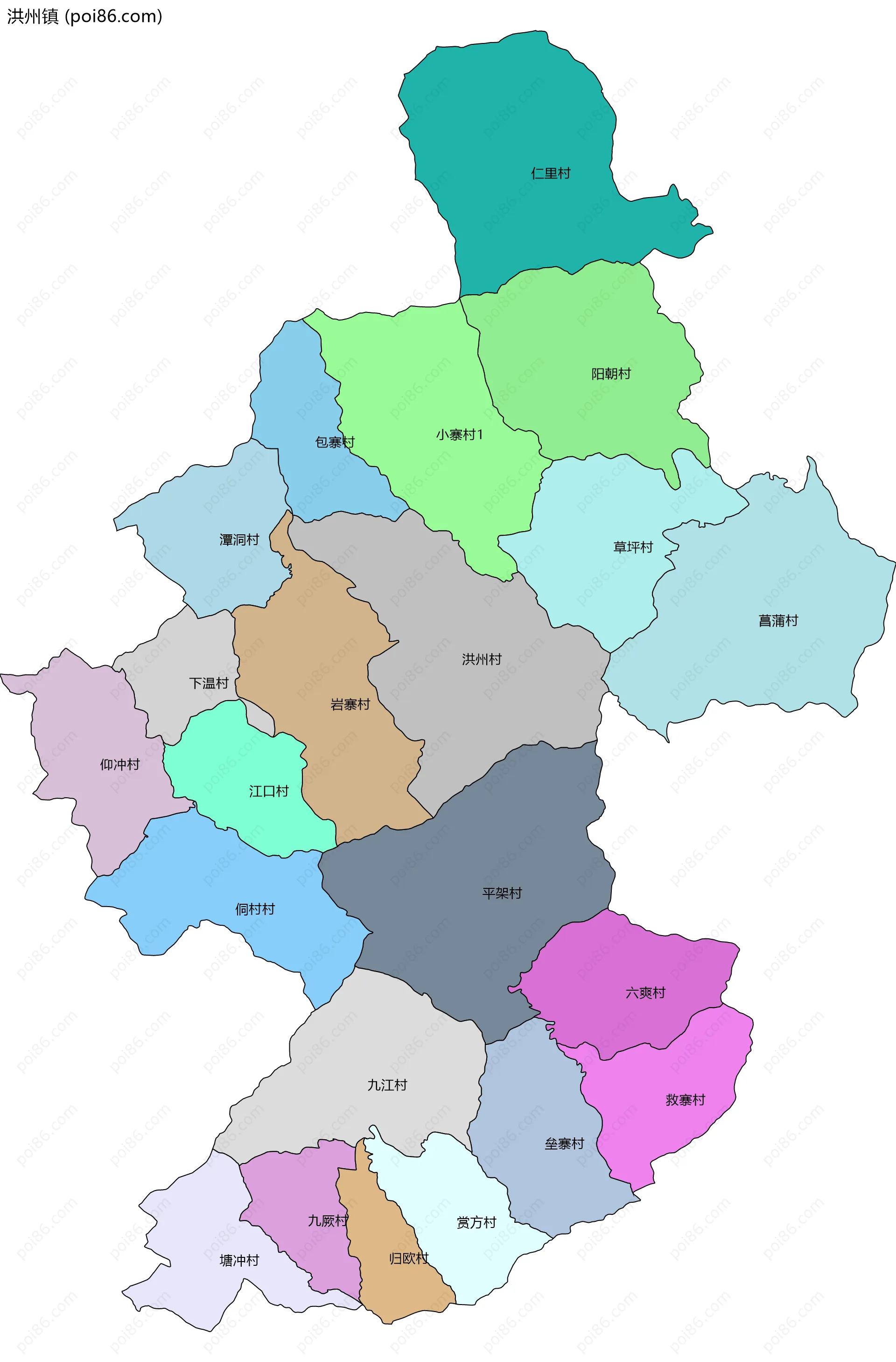 洪州镇边界地图(五级行政区划)