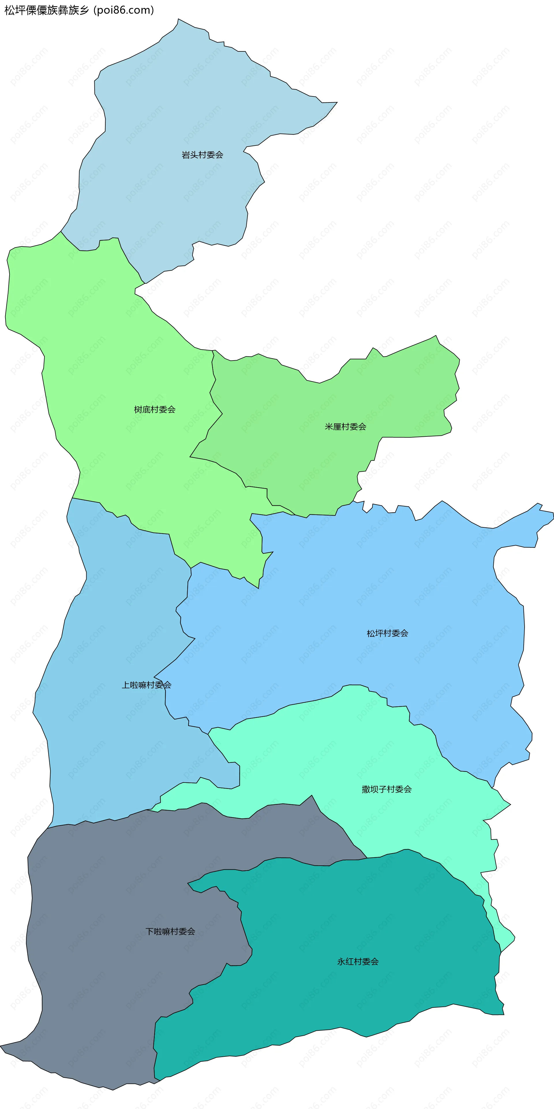 松坪傈僳族彝族乡边界地图(五级行政区划)