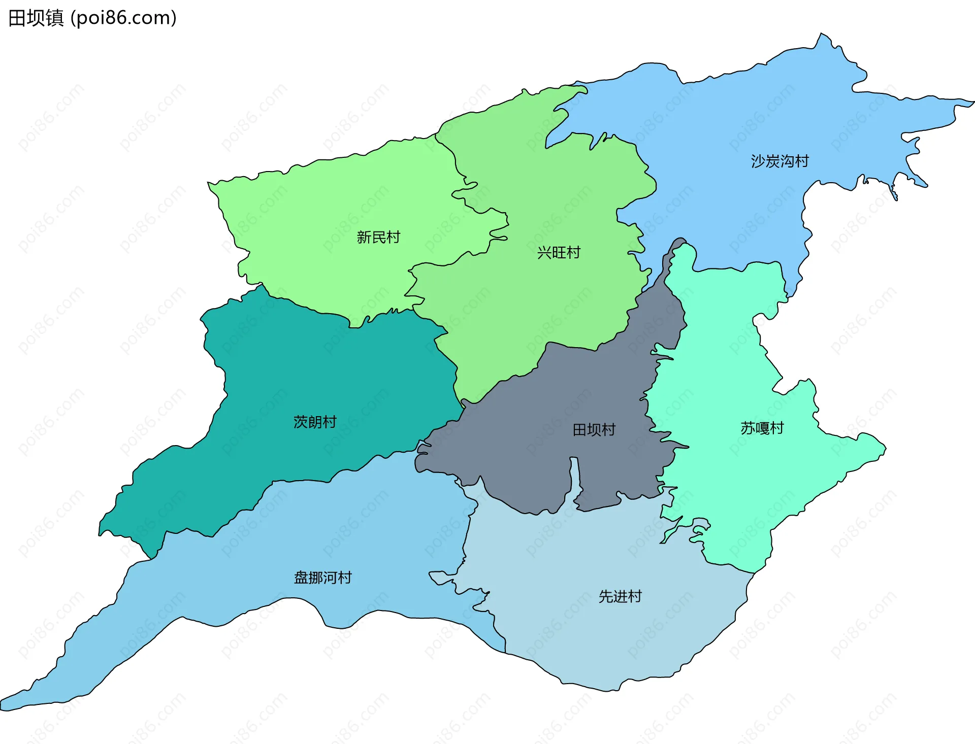田坝镇边界地图(五级行政区划)