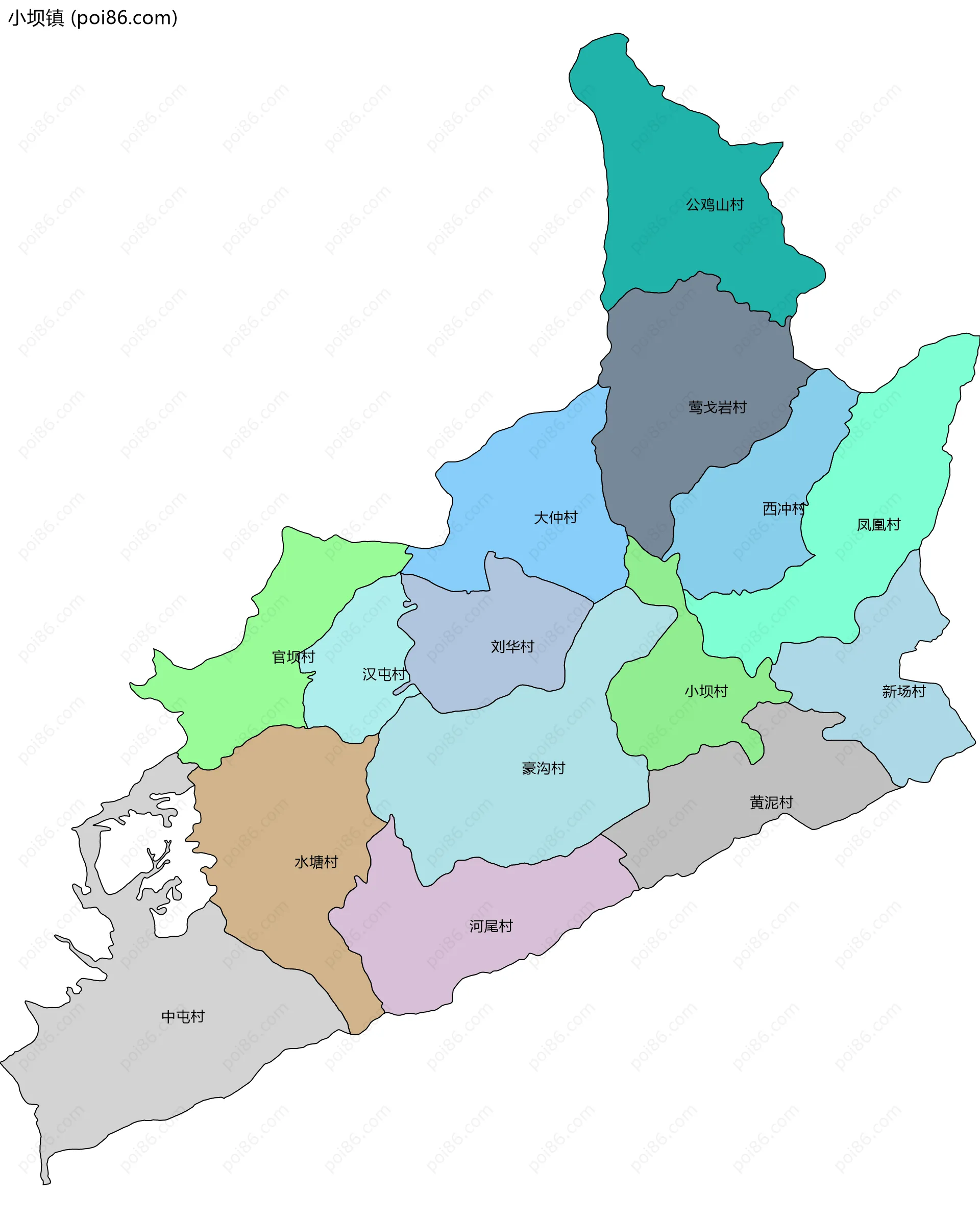 小坝镇边界地图(五级行政区划)