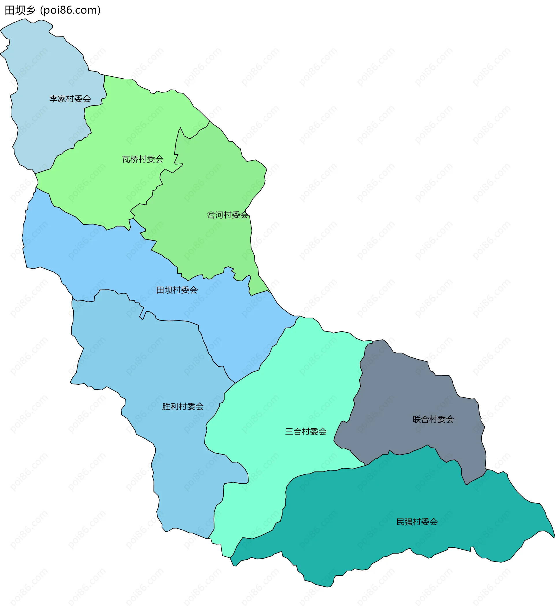 田坝乡边界地图(五级行政区划)