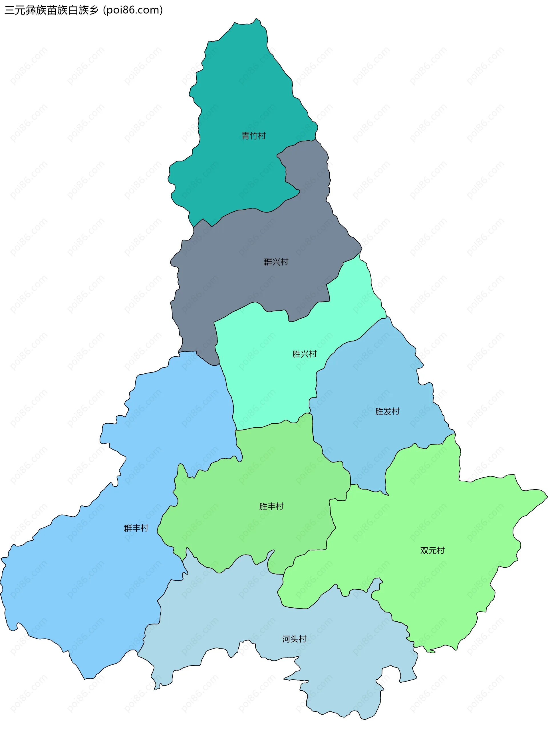 三元彝族苗族白族乡边界地图(五级行政区划)