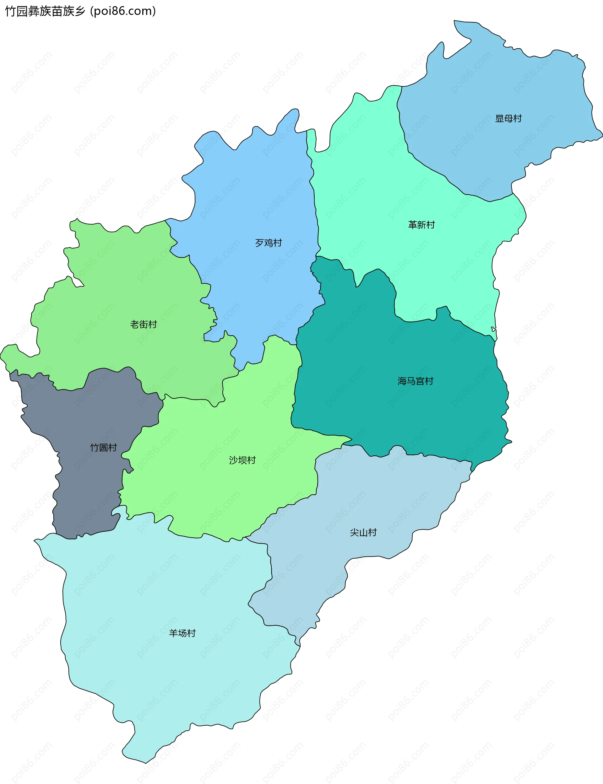 竹园彝族苗族乡边界地图(五级行政区划)