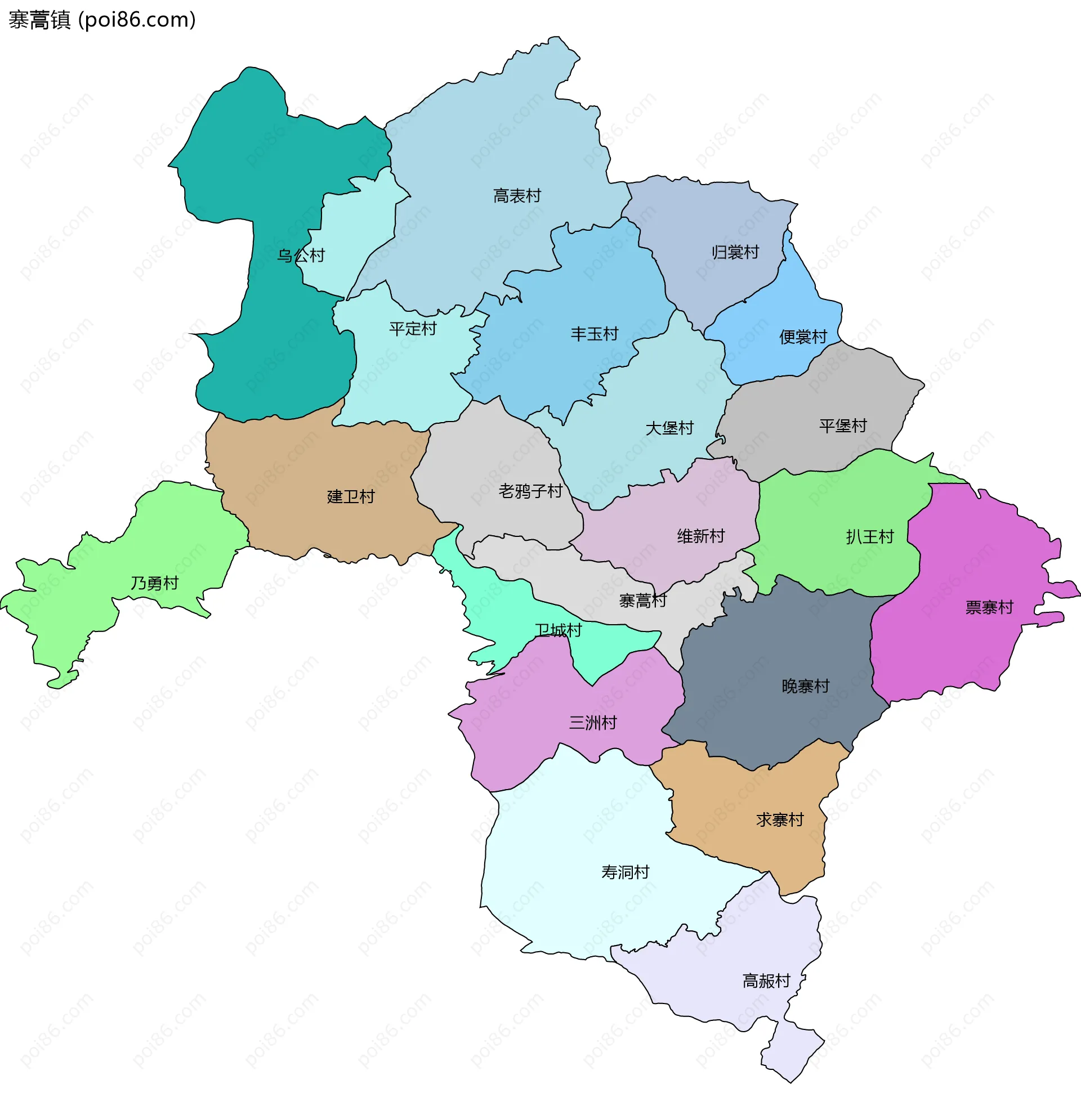 寨蒿镇边界地图(五级行政区划)