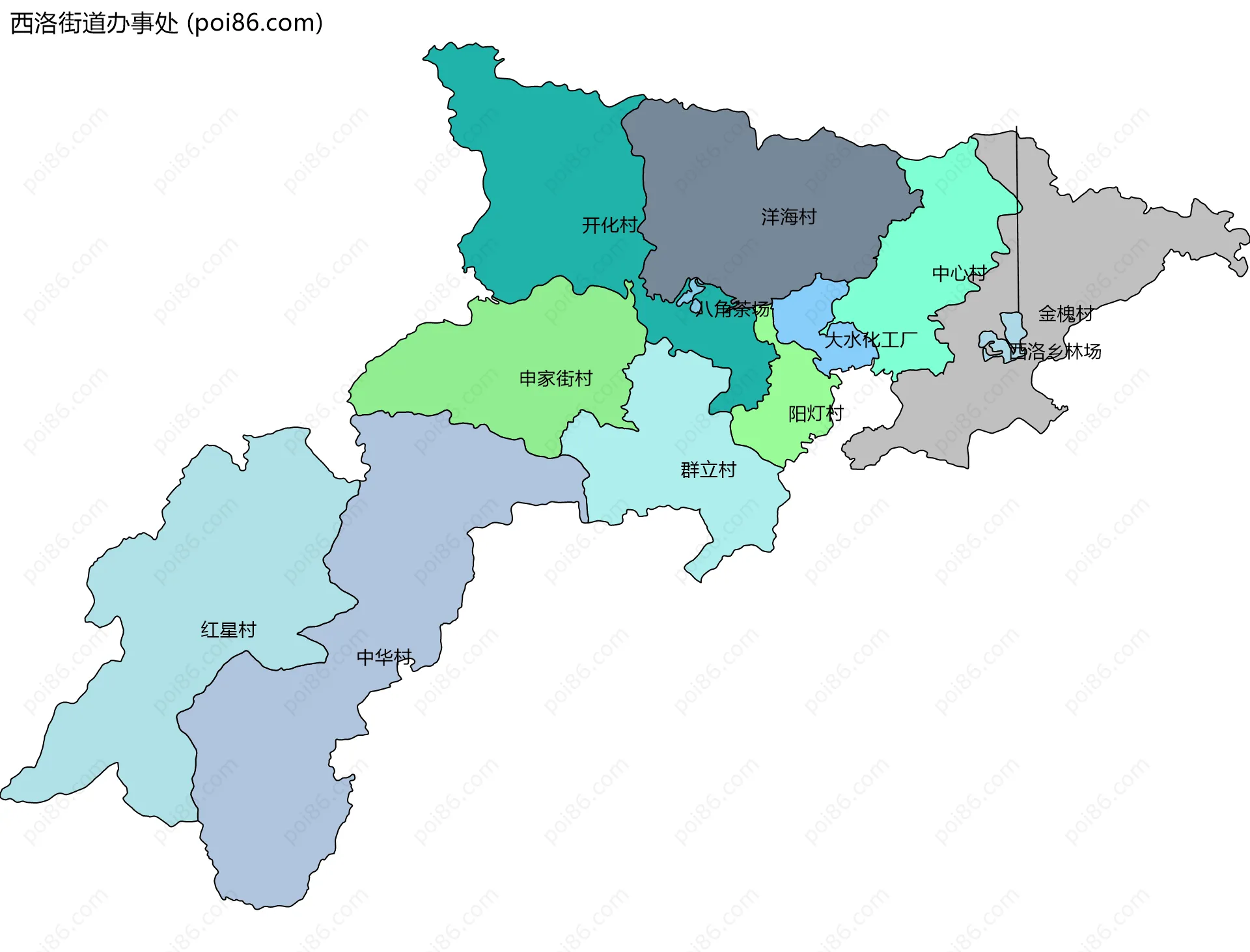 西洛街道办事处边界地图(五级行政区划)