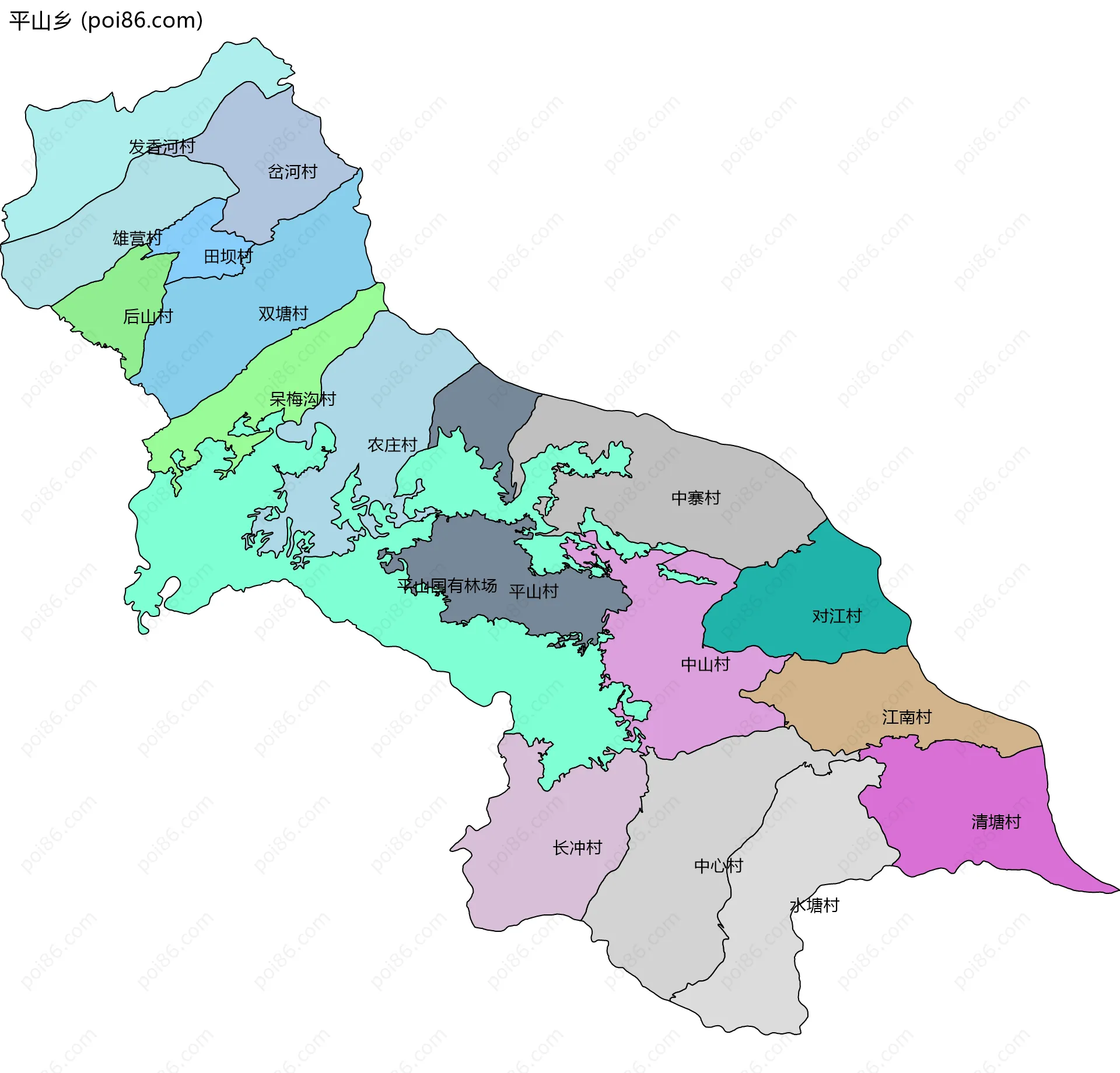 平山乡边界地图(五级行政区划)