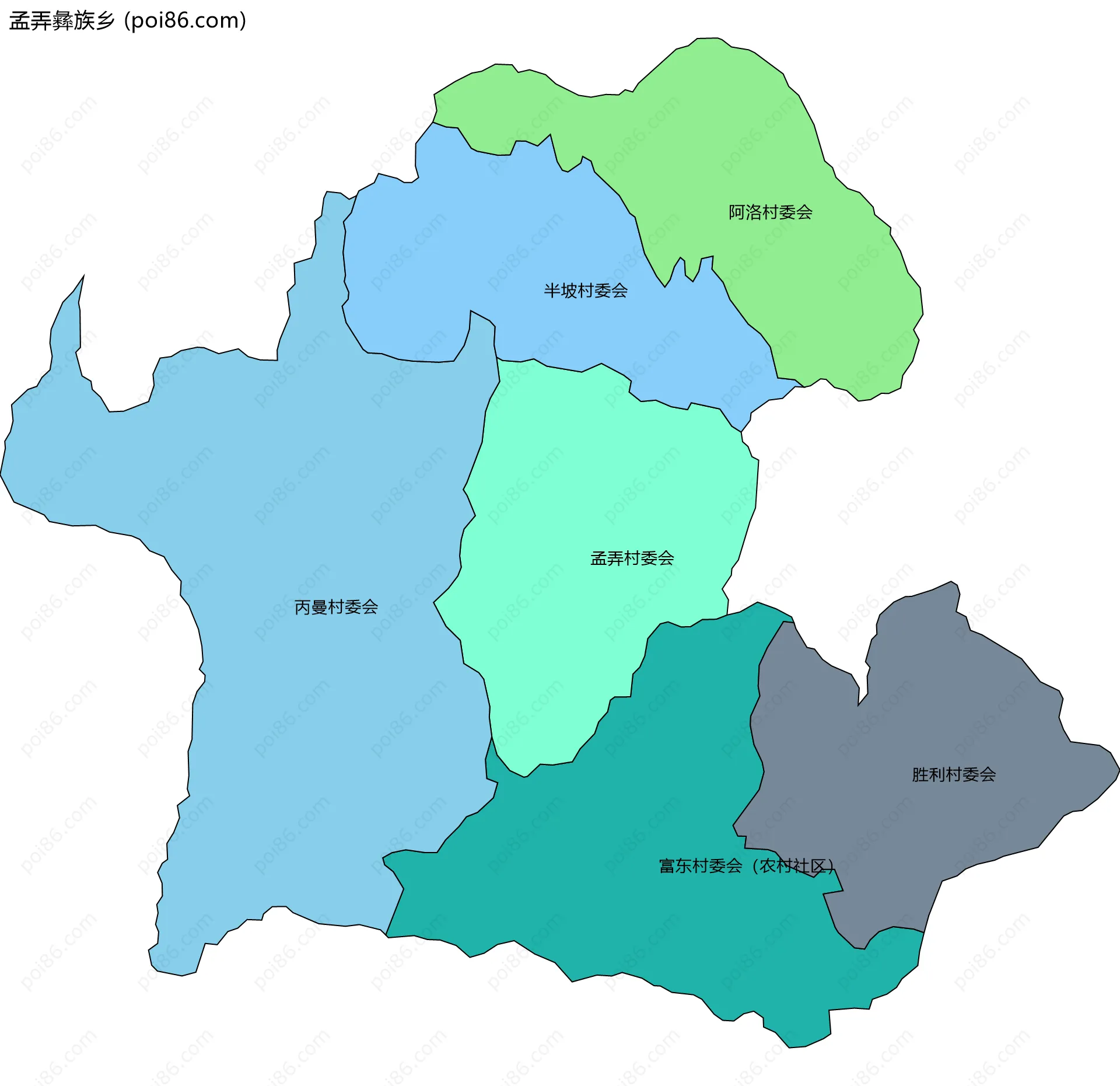 孟弄彝族乡边界地图(五级行政区划)