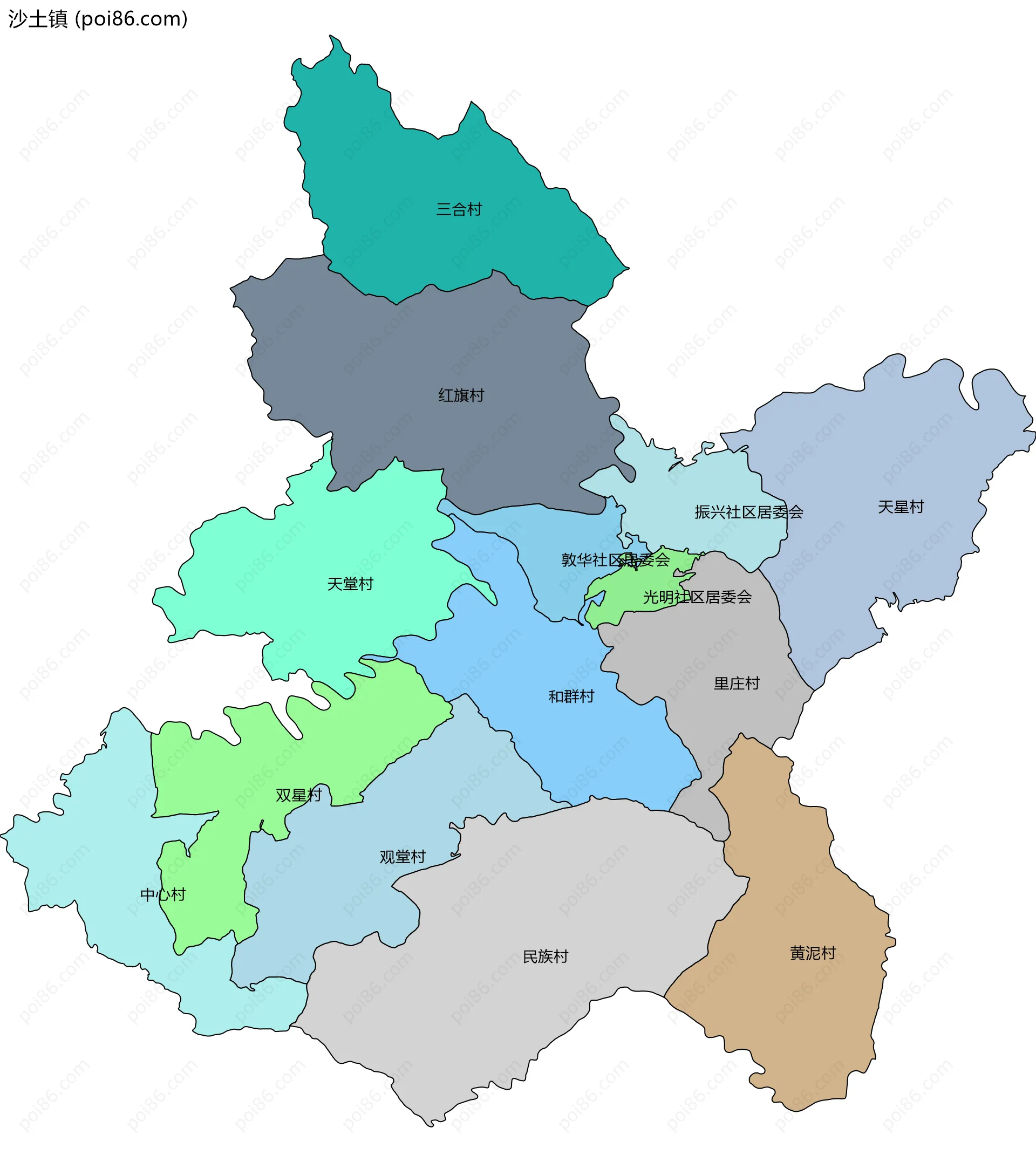 沙土镇边界地图(五级行政区划)