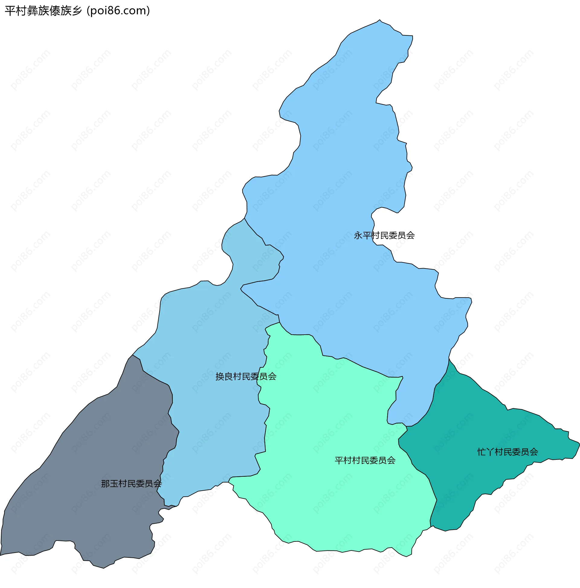 平村彝族傣族乡边界地图(五级行政区划)