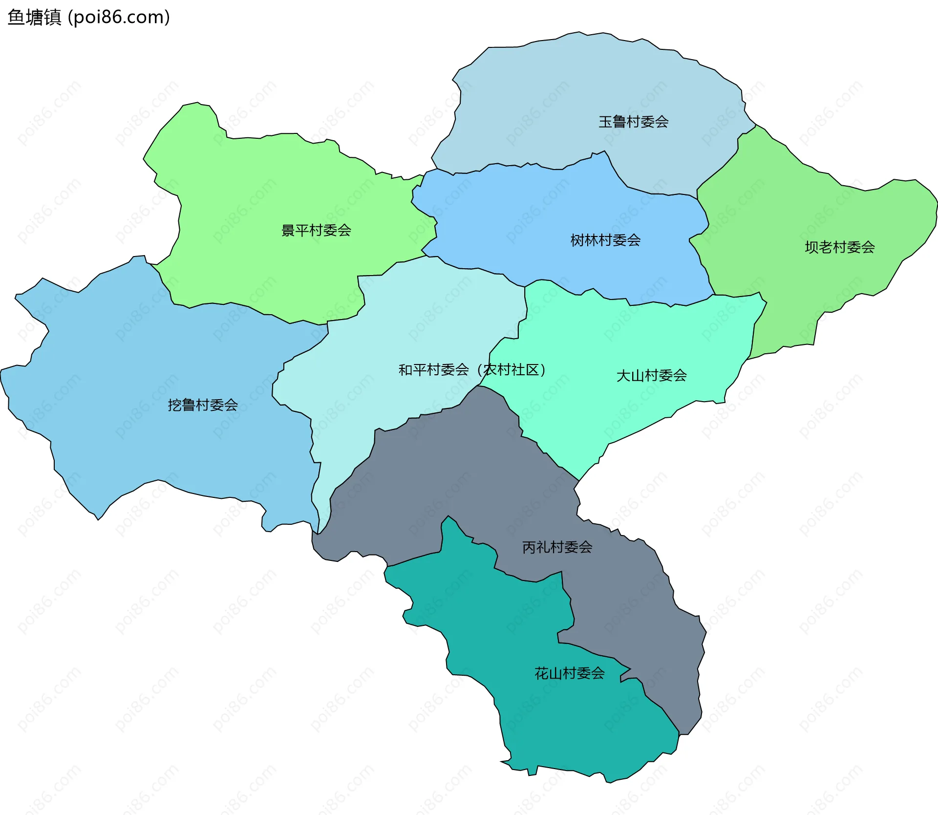 鱼塘镇边界地图(五级行政区划)