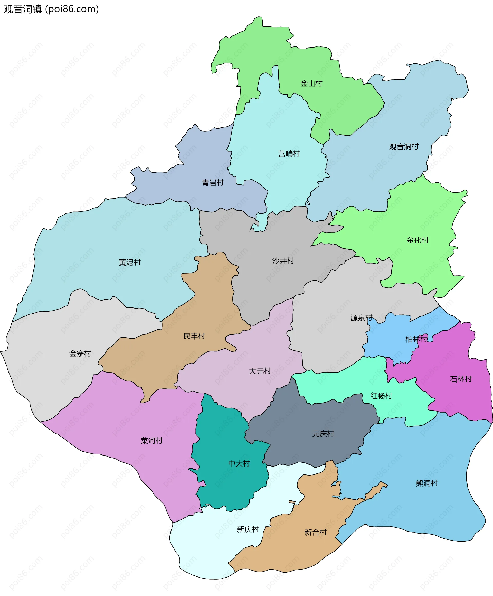 观音洞镇边界地图(五级行政区划)