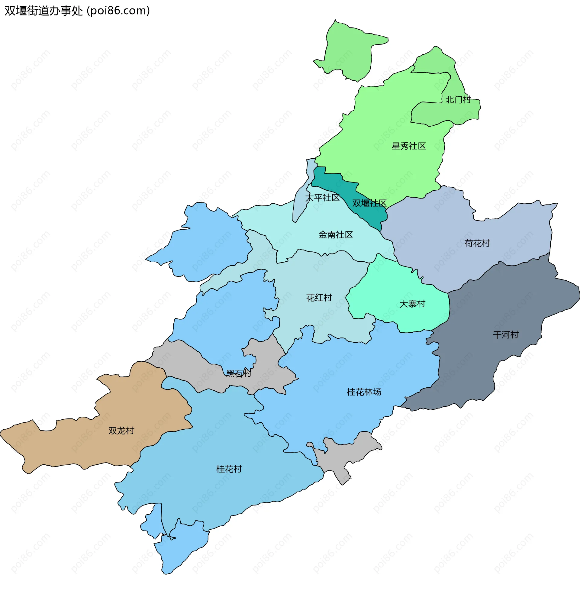 双堰街道办事处边界地图(五级行政区划)