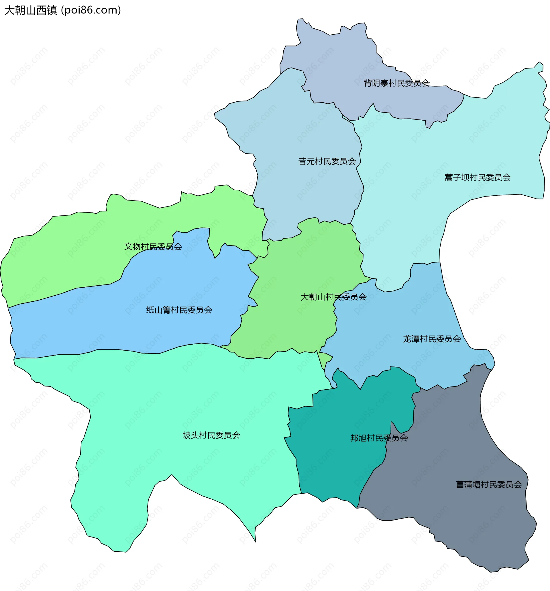 大朝山西镇边界地图(五级行政区划)