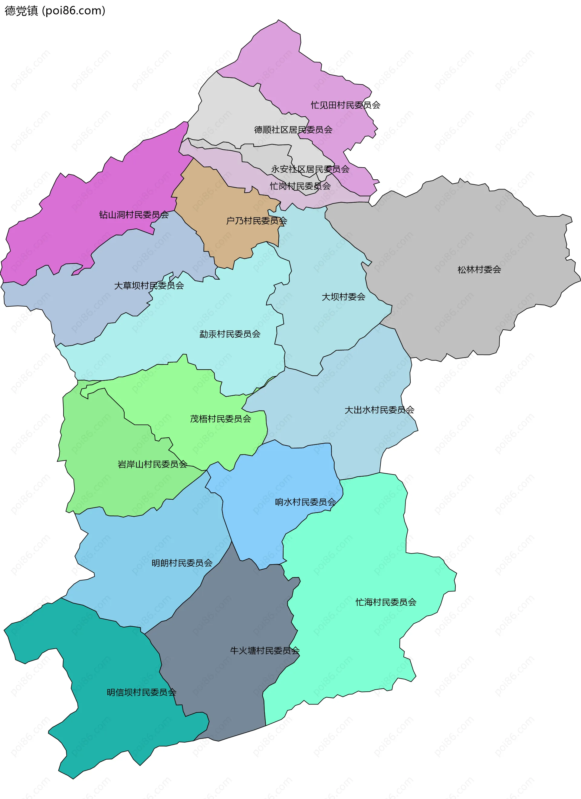 德党镇边界地图(五级行政区划)