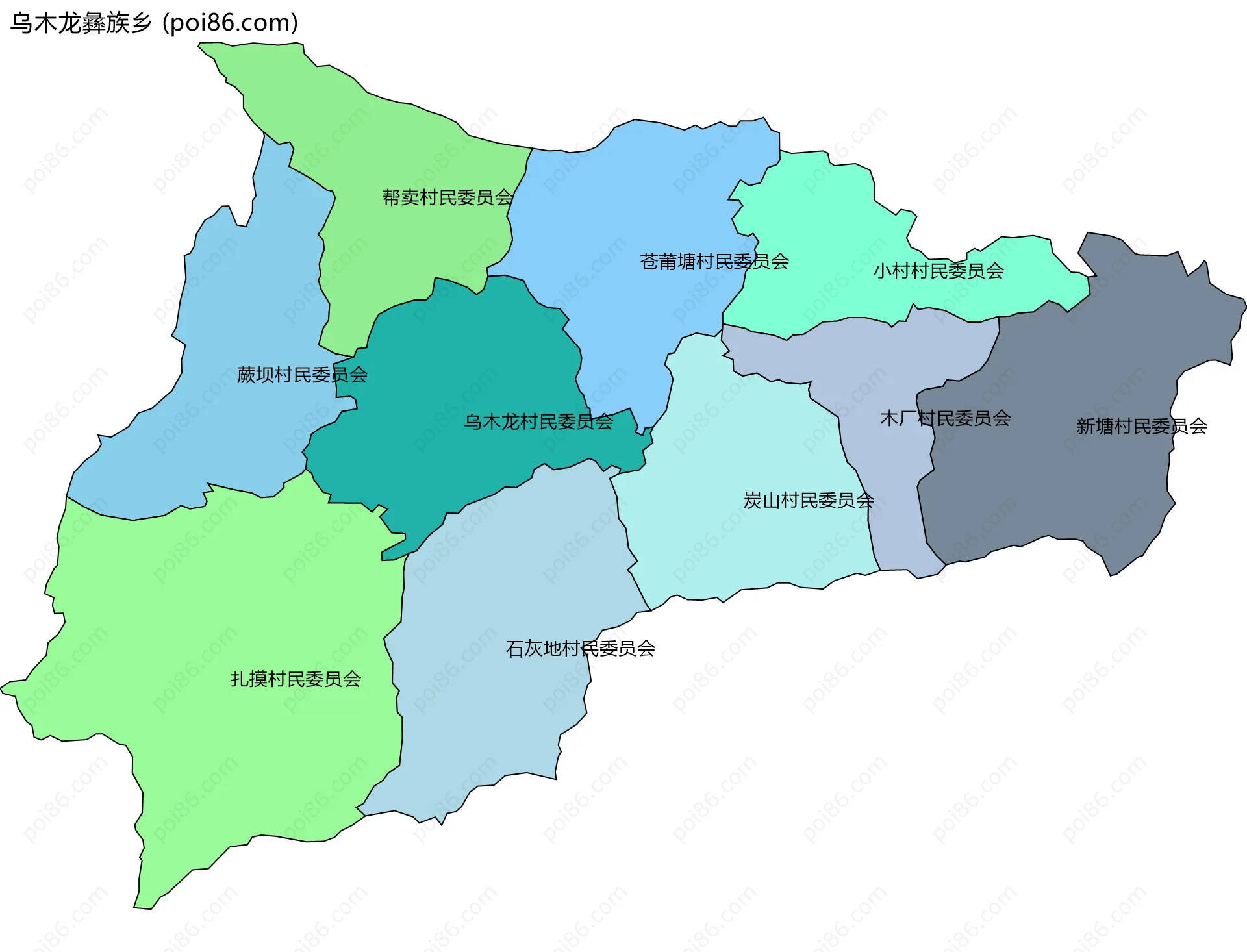 乌木龙彝族乡边界地图(五级行政区划)