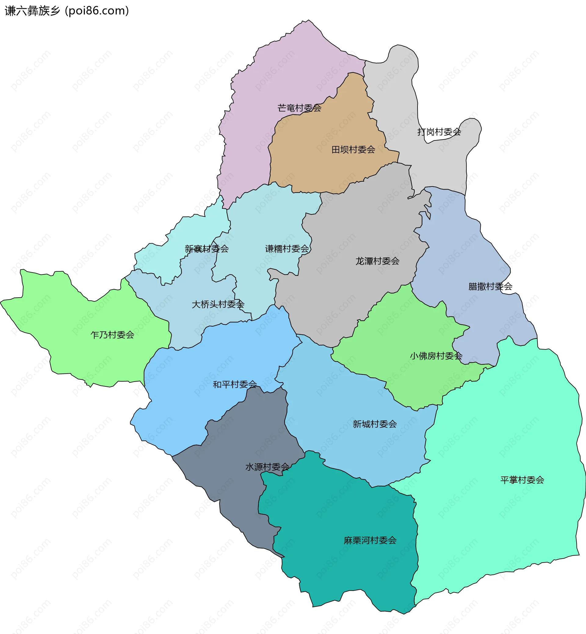 谦六彝族乡边界地图(五级行政区划)