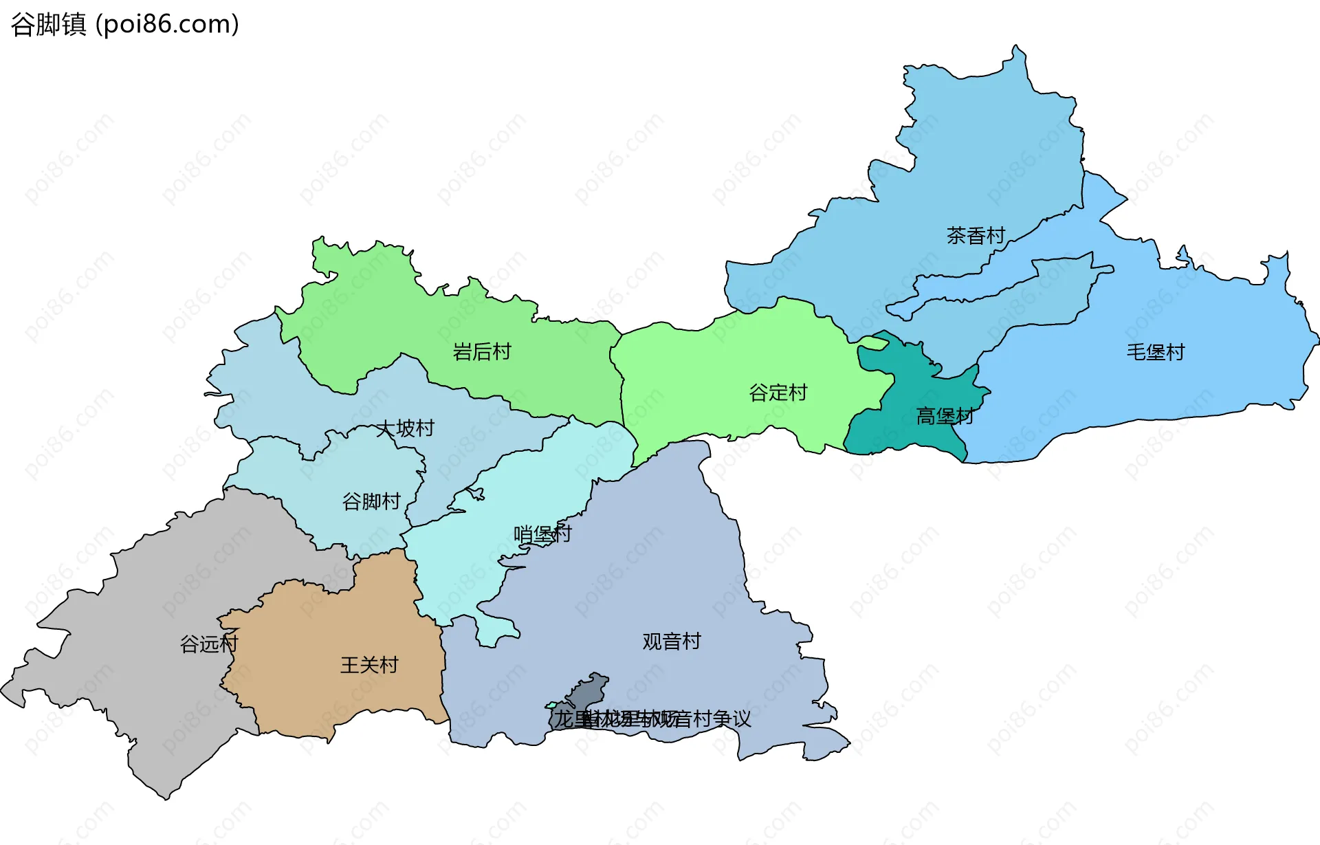 谷脚镇边界地图(五级行政区划)