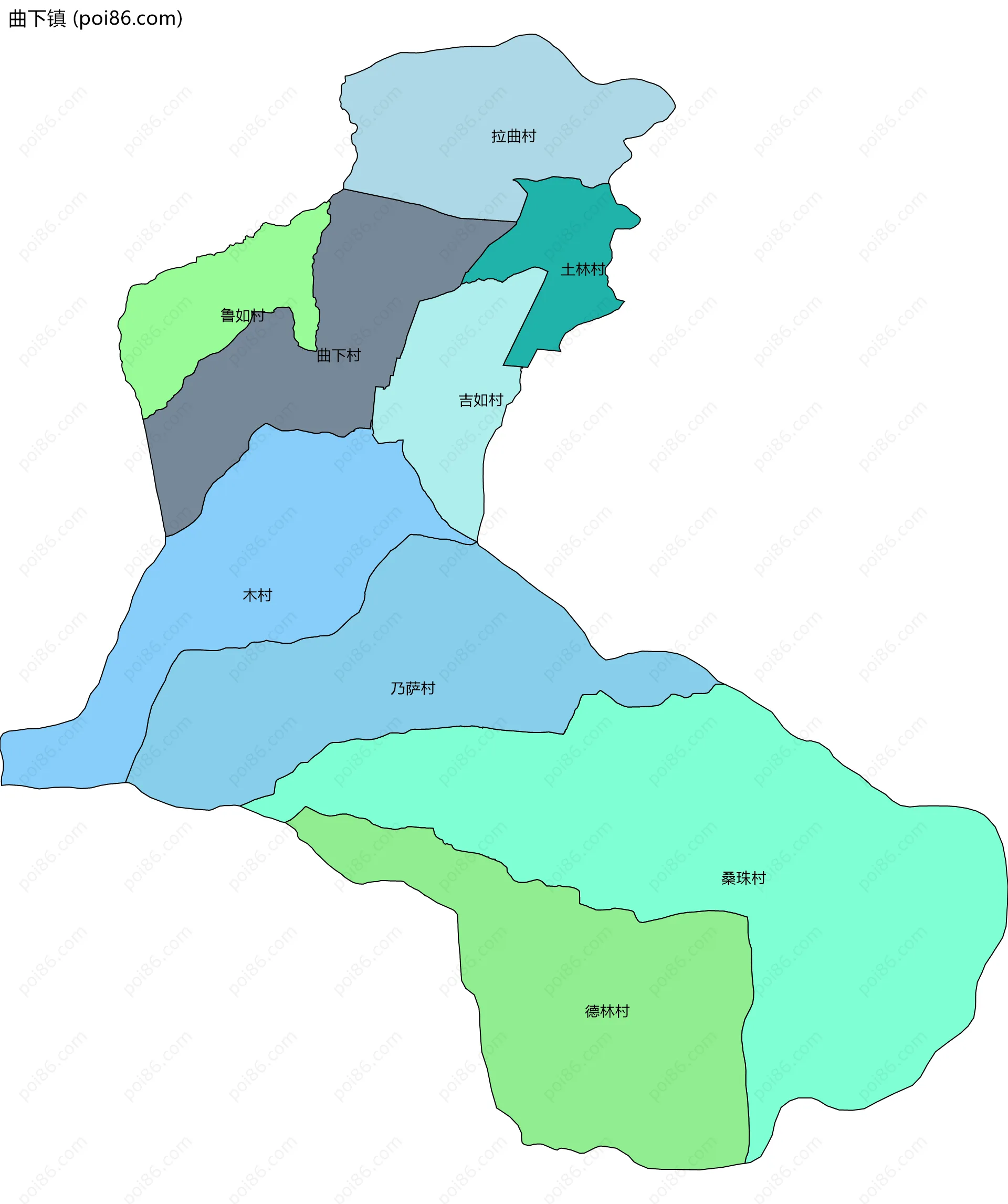 曲下镇边界地图(五级行政区划)