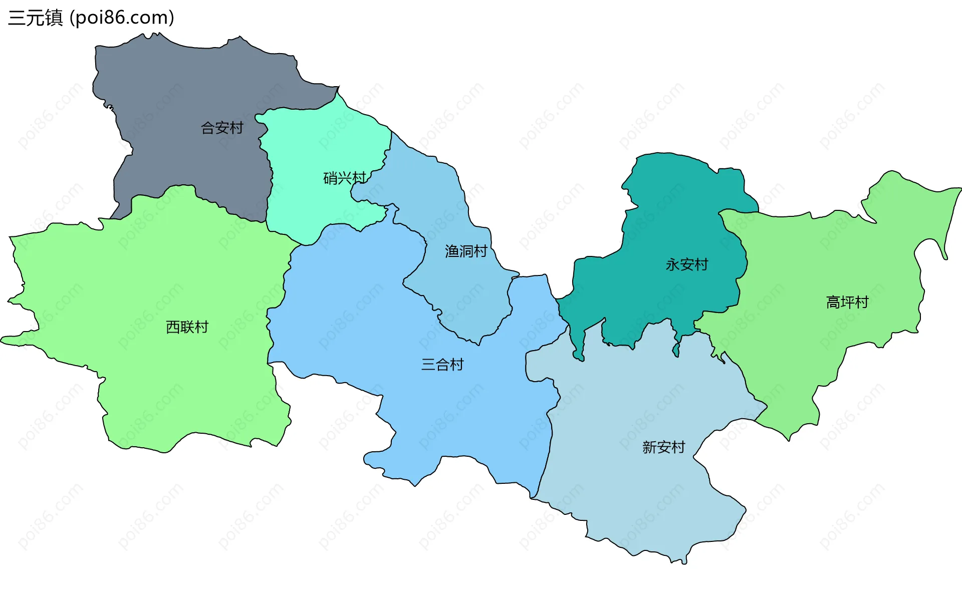 三元镇边界地图(五级行政区划)