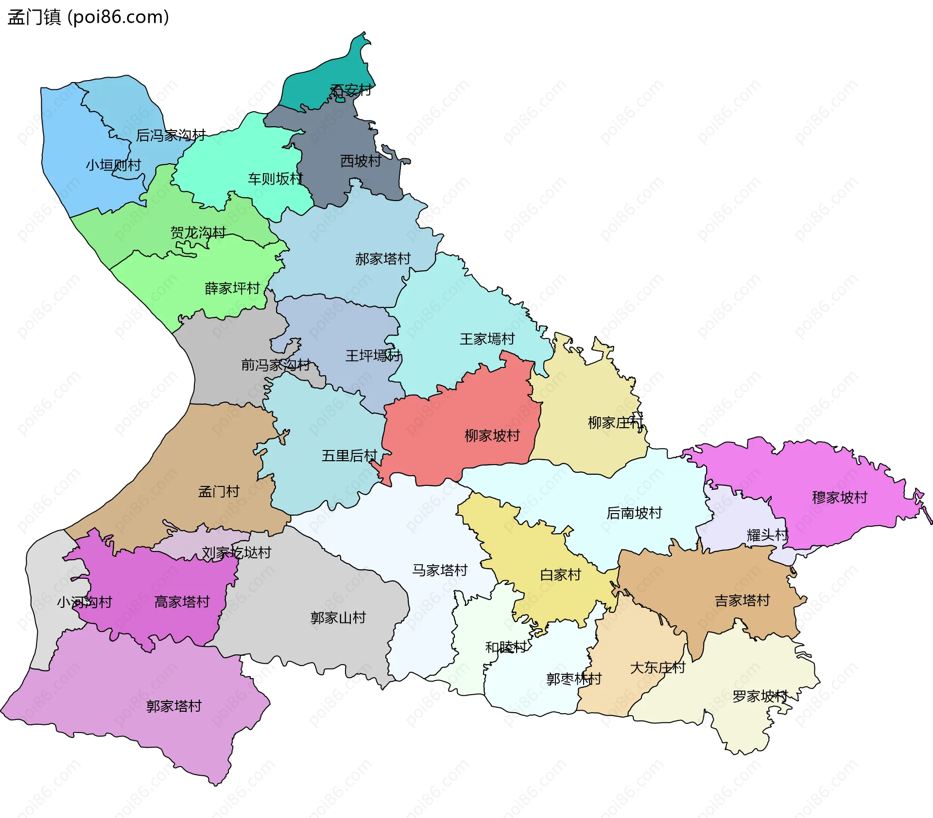 孟门镇边界地图(五级行政区划)