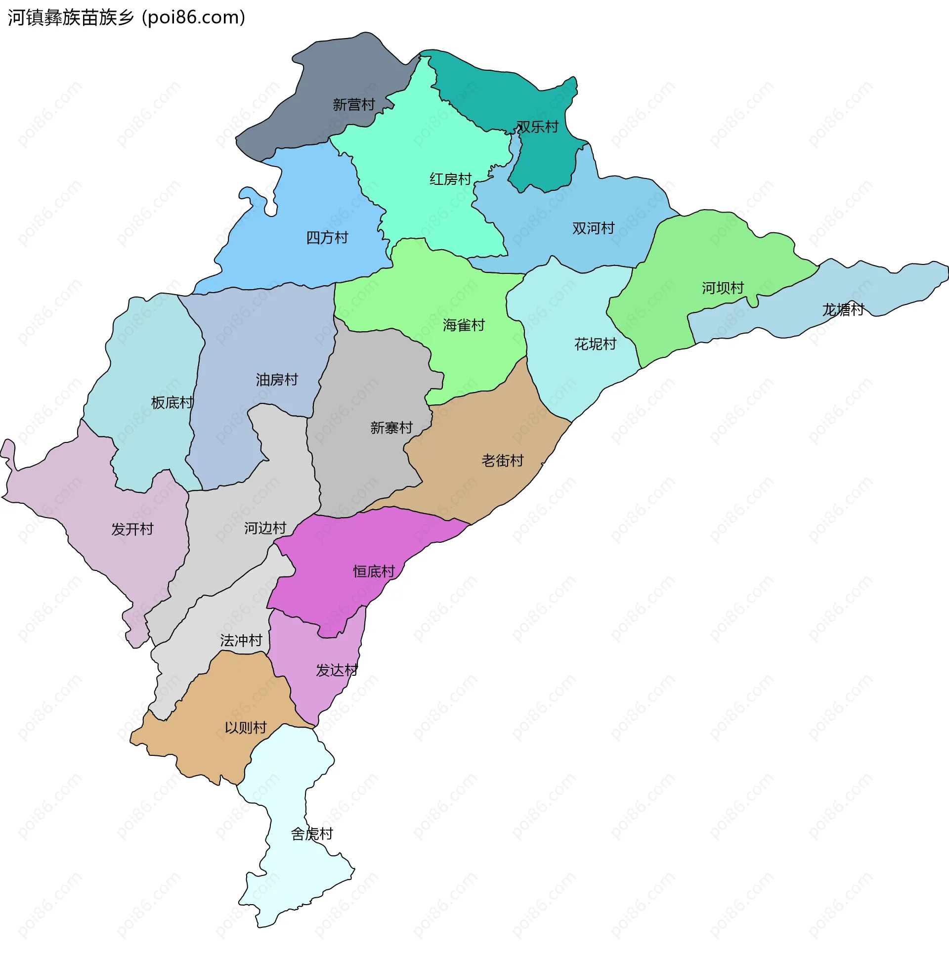 河镇彝族苗族乡边界地图(五级行政区划)