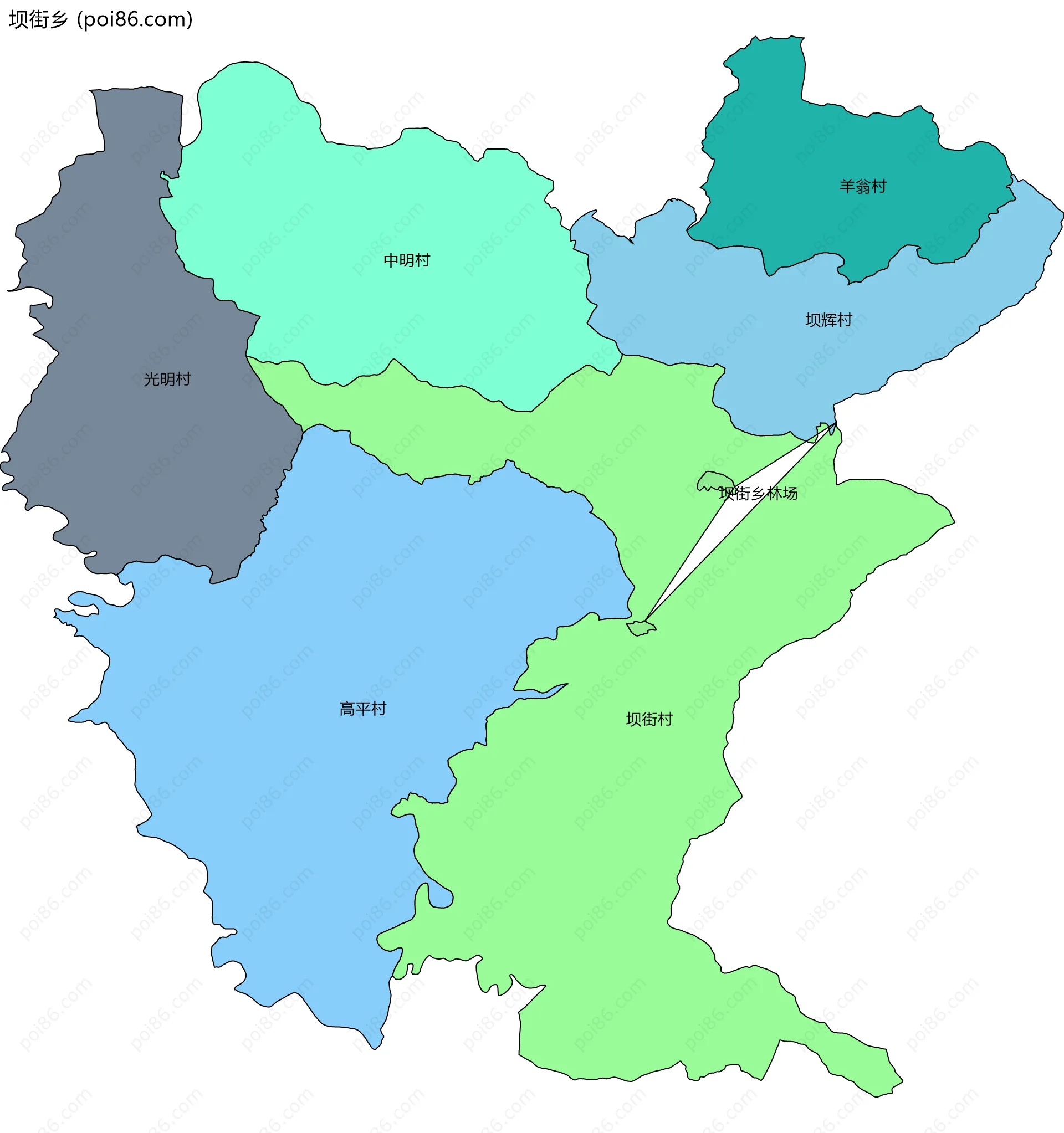 坝街乡边界地图(五级行政区划)