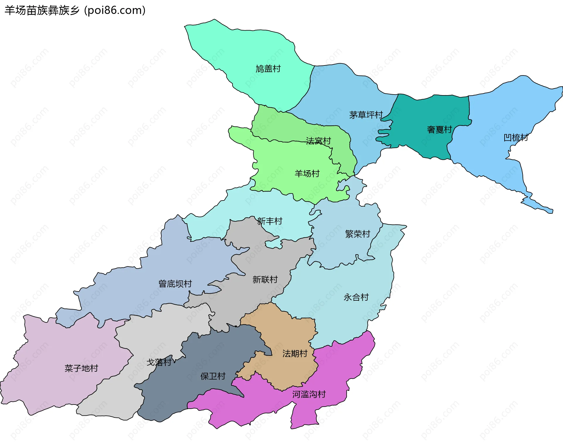 羊场苗族彝族乡边界地图(五级行政区划)