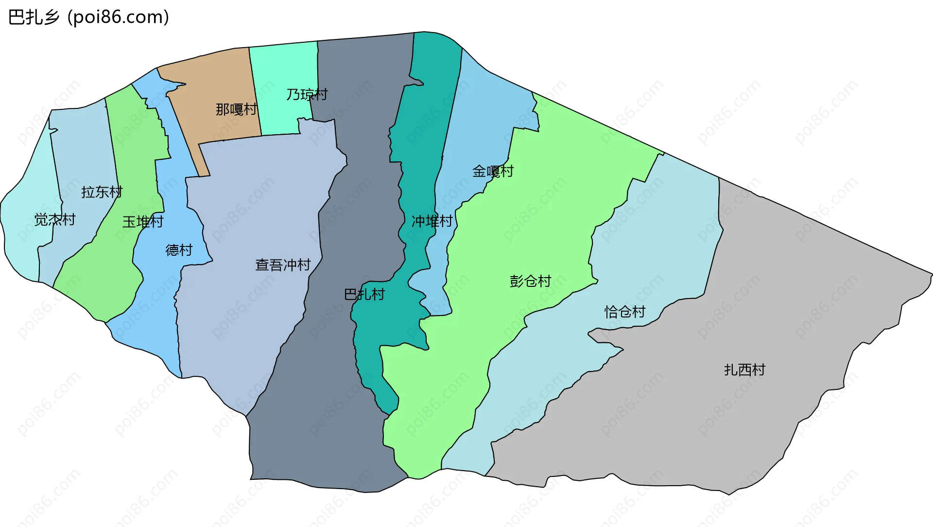 巴扎乡边界地图(五级行政区划)