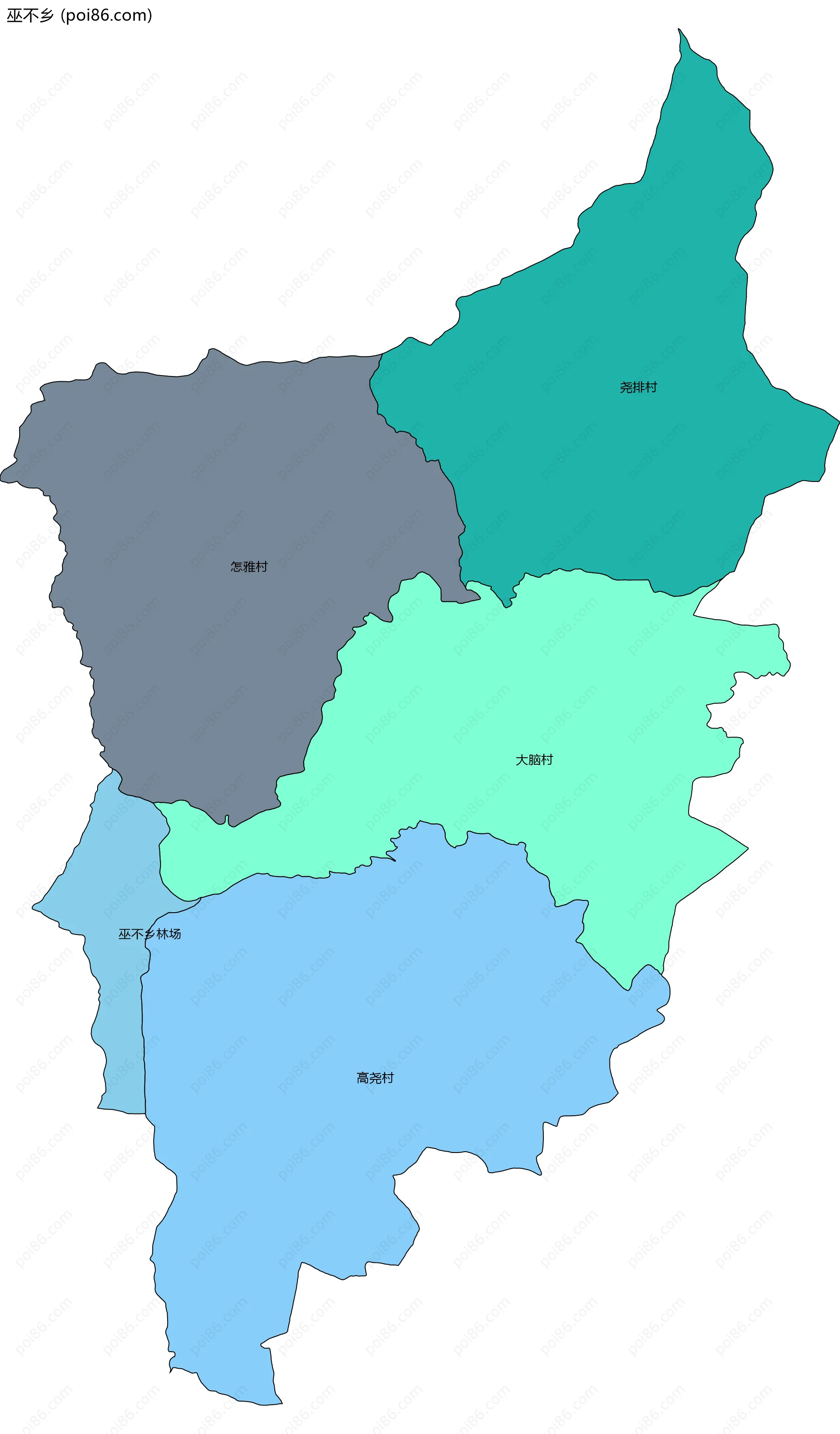 巫不乡边界地图(五级行政区划)