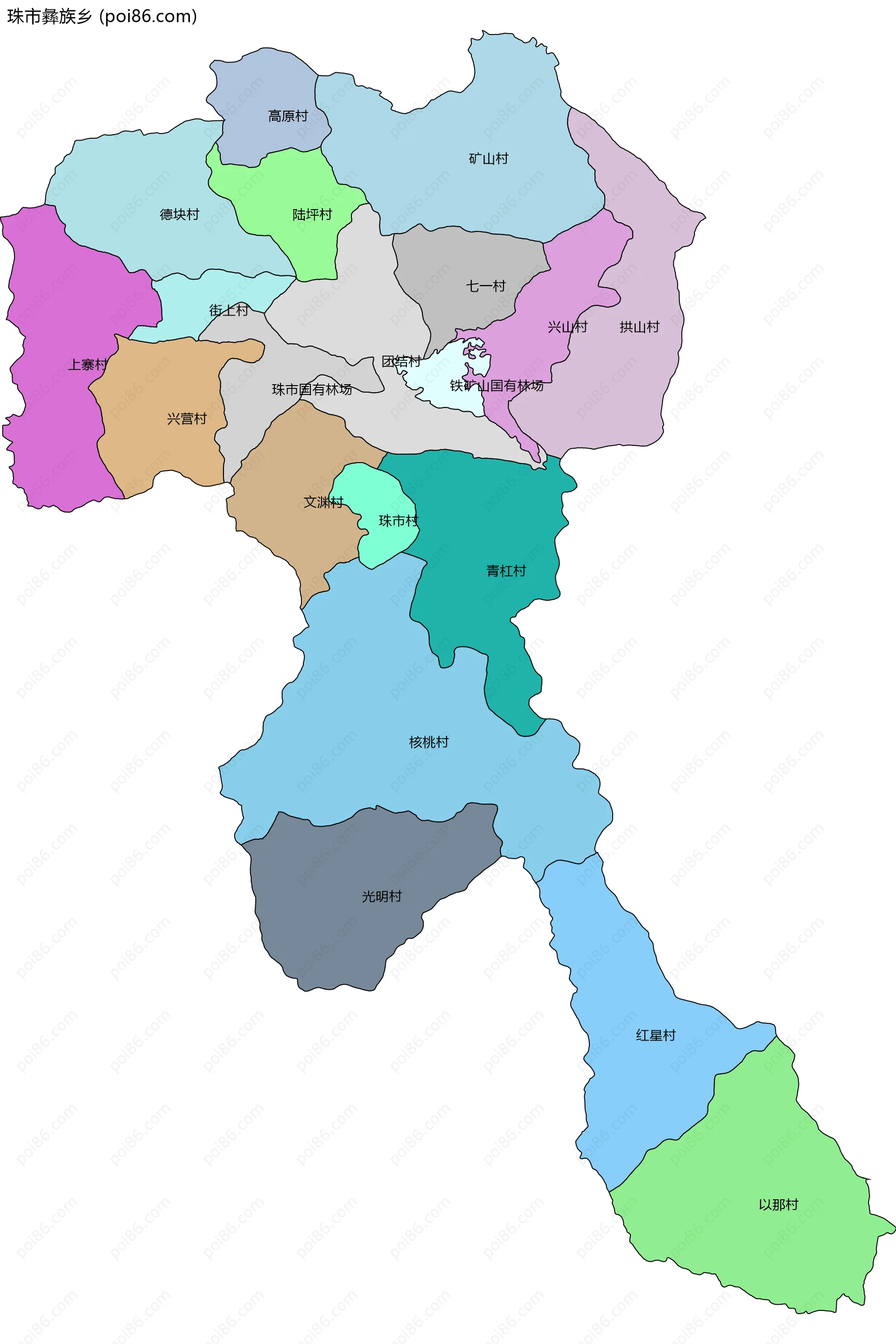 珠市彝族乡边界地图(五级行政区划)