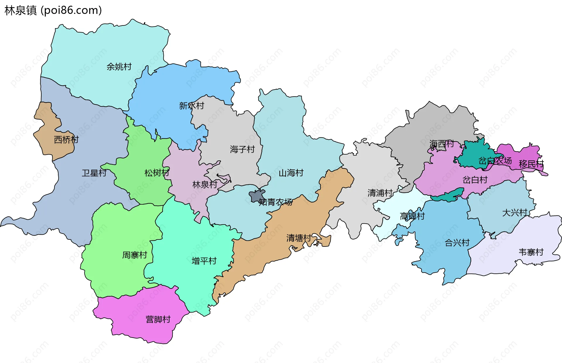 林泉镇边界地图(五级行政区划)