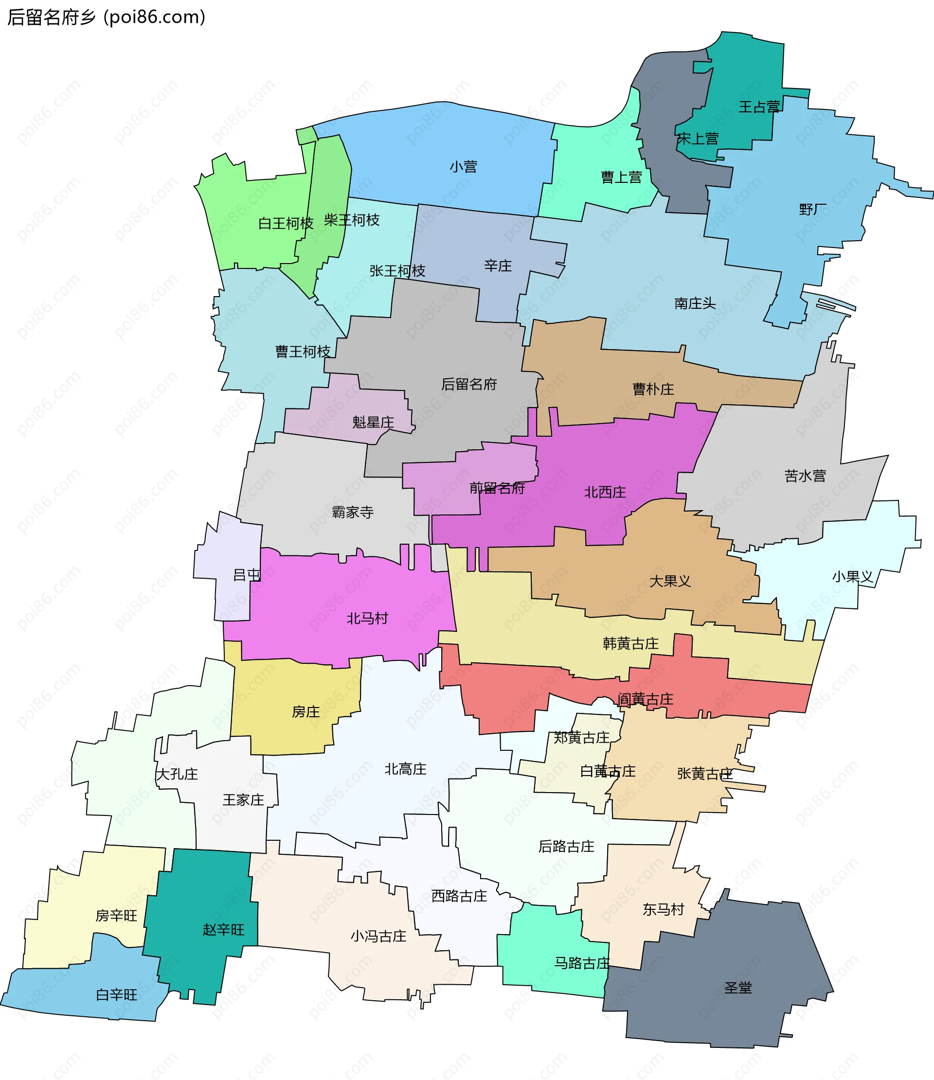 后留名府乡边界地图(五级行政区划)