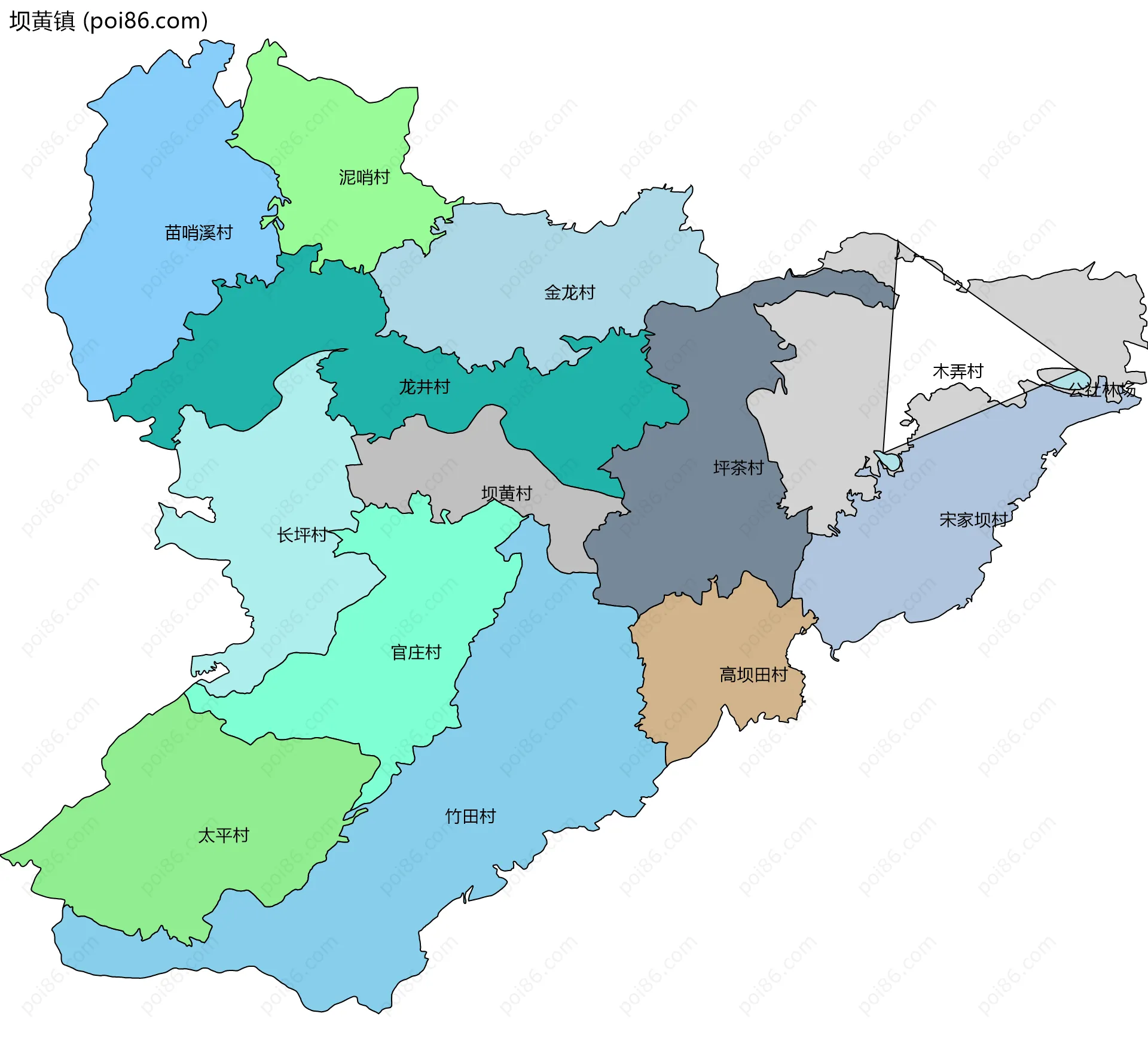 坝黄镇边界地图(五级行政区划)